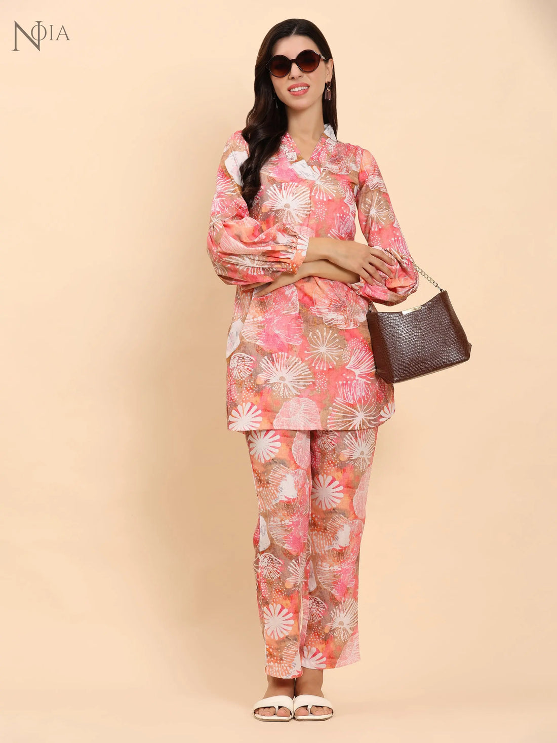 Noia Pink Multi Abstract V Necked Top with Trousers Noia