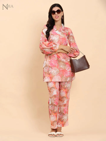 Noia Pink Multi Abstract V Necked Top with Trousers Noia