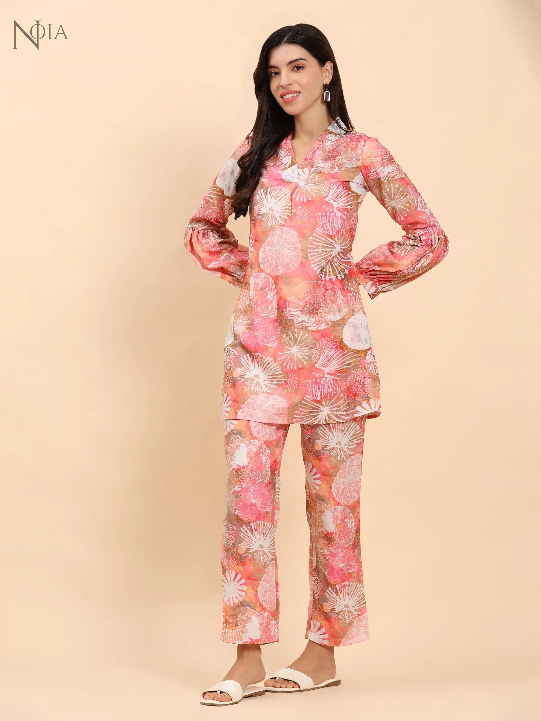Noia Pink Multi Abstract V Necked Top with Trousers Noia