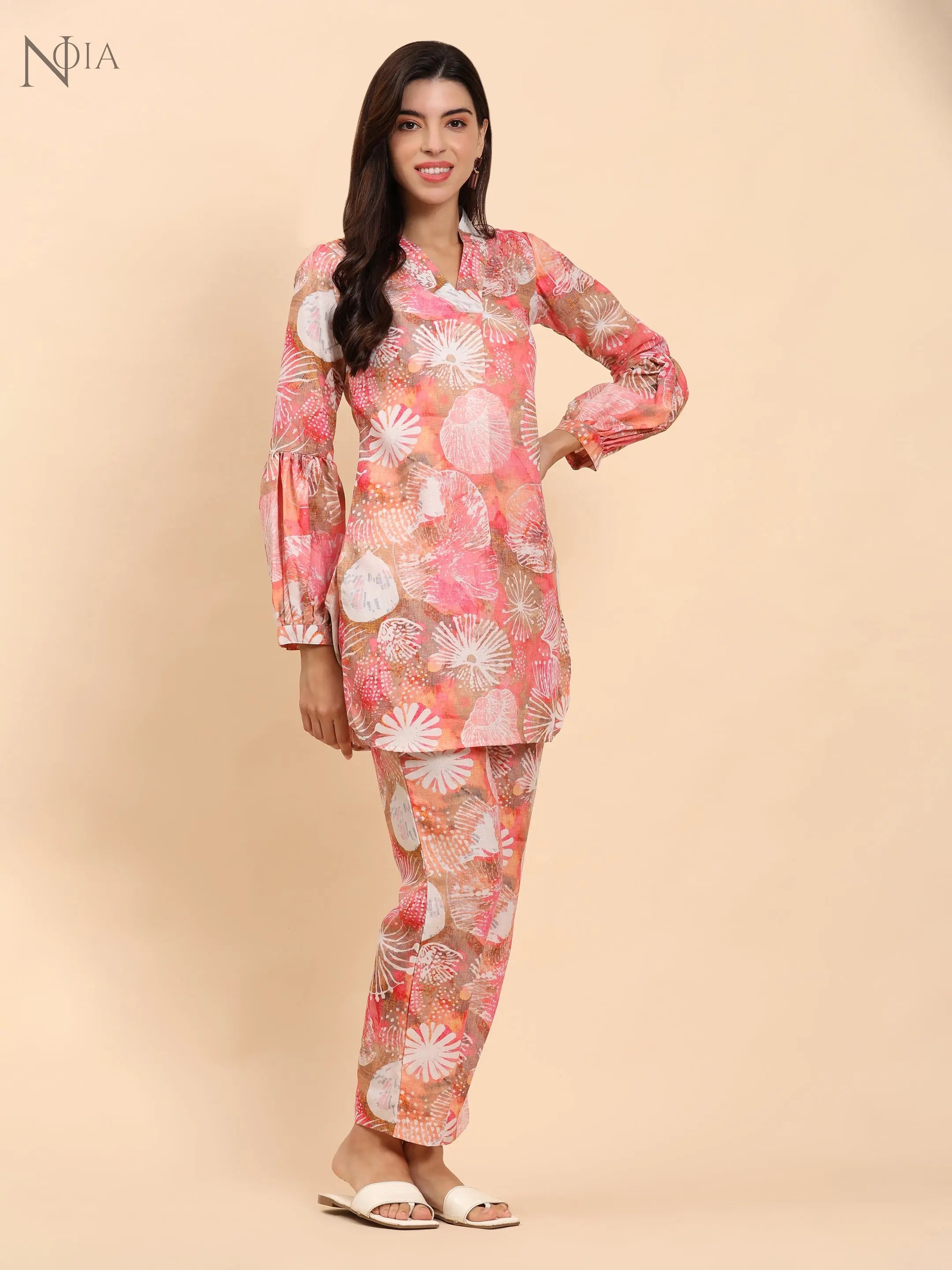 Noia Pink Multi Abstract V Necked Top with Trousers Noia