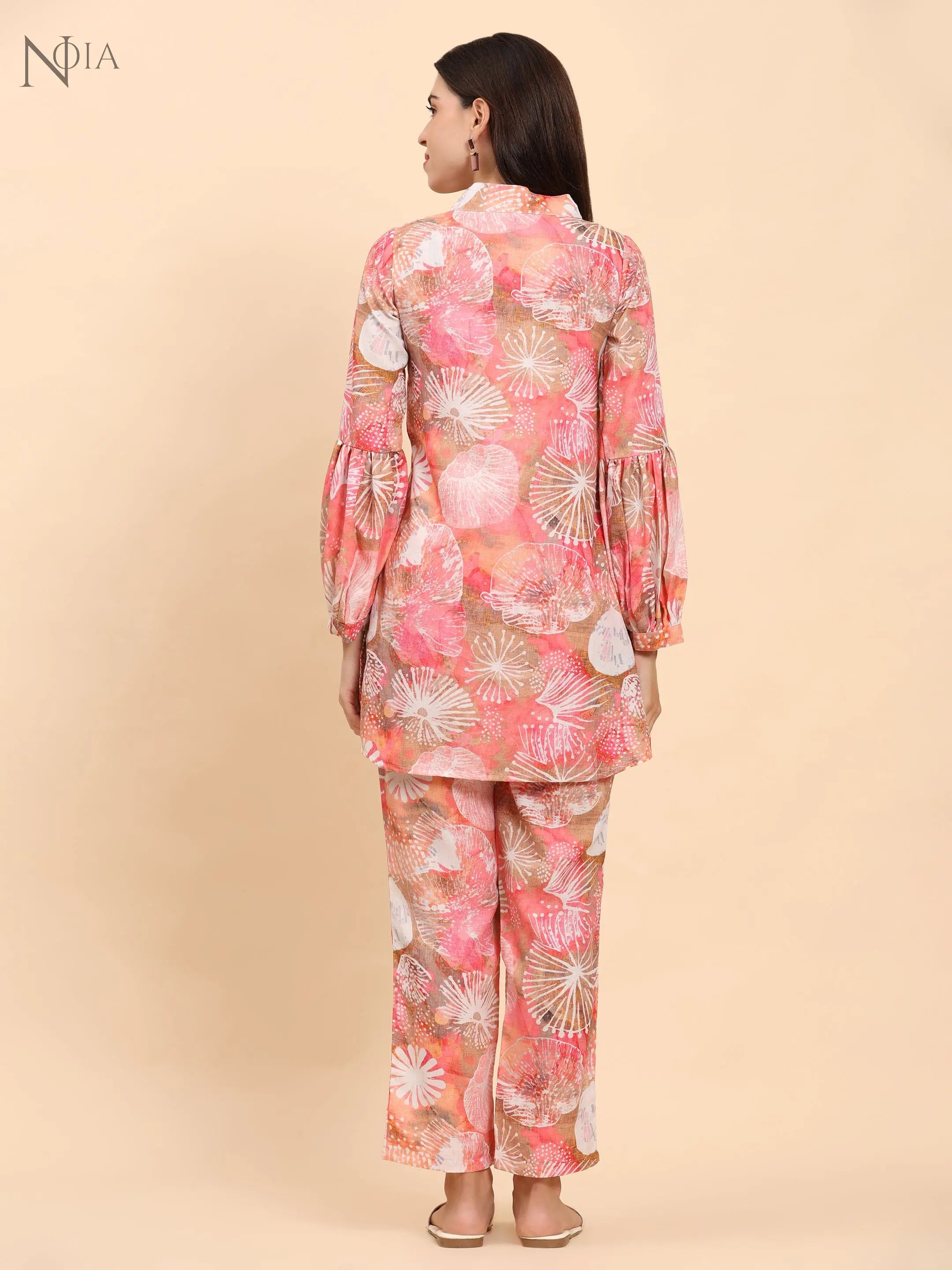 Noia Pink Multi Abstract V Necked Top with Trousers Noia