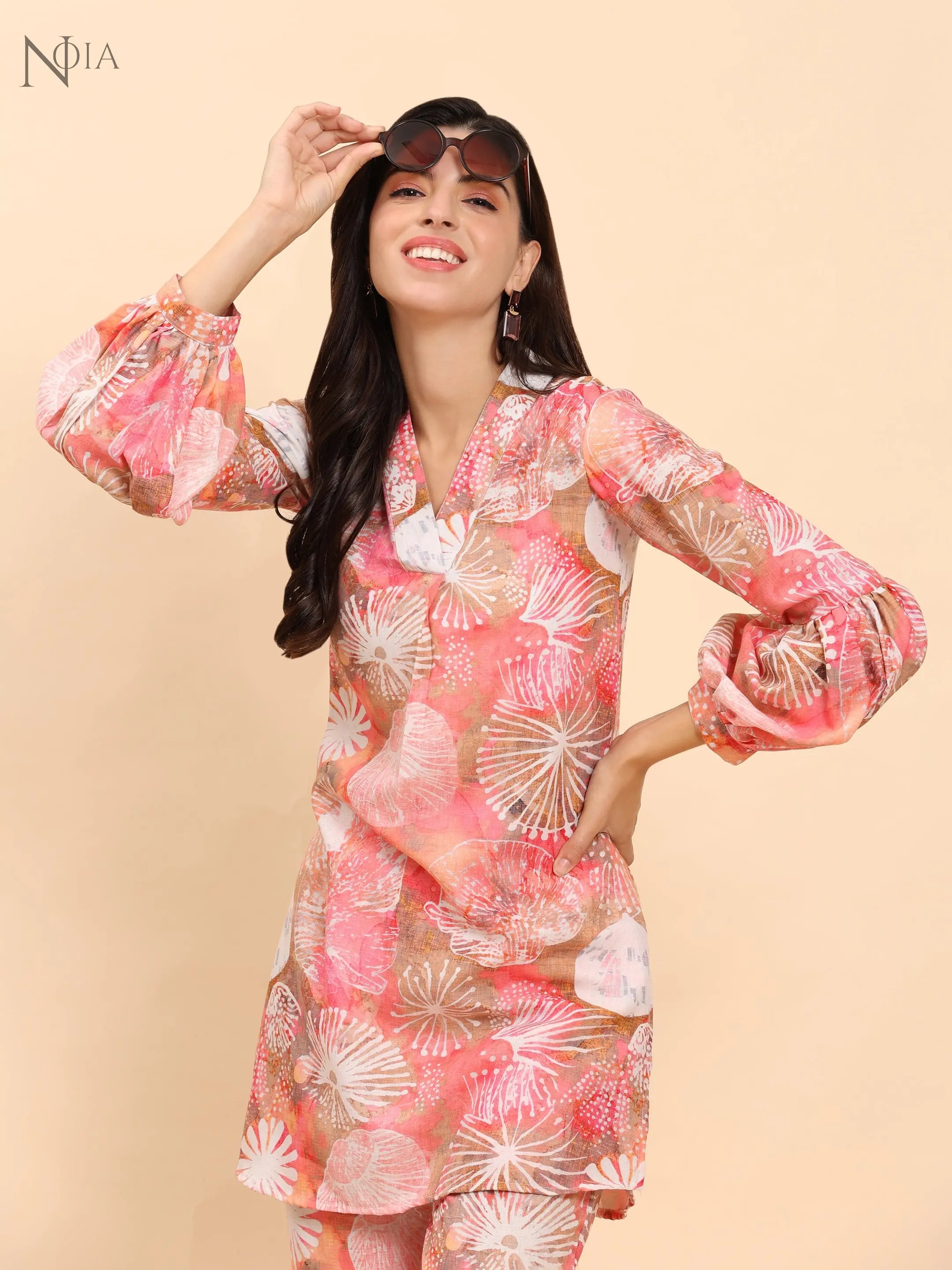 Noia Pink Multi Abstract V Necked Top with Trousers Noia