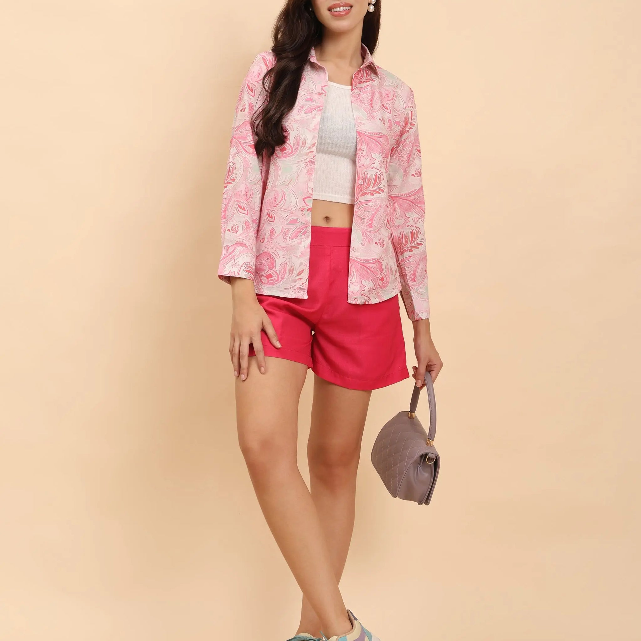 Noia Pink Paisley Shirt & Red Shorts Co-Ord Set | Stylish Cotton Summer Outfit for Women Noia
