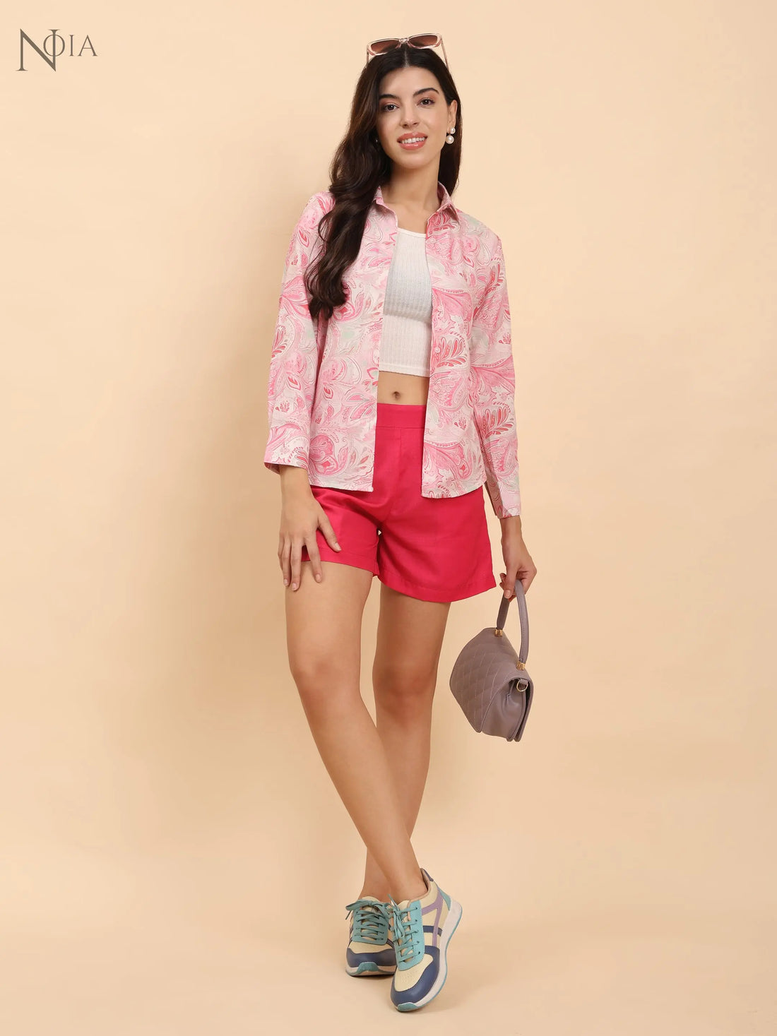 Noia Pink Paisley Shirt & Red Shorts Co-Ord Set | Stylish Cotton Summer Outfit for Women Noia