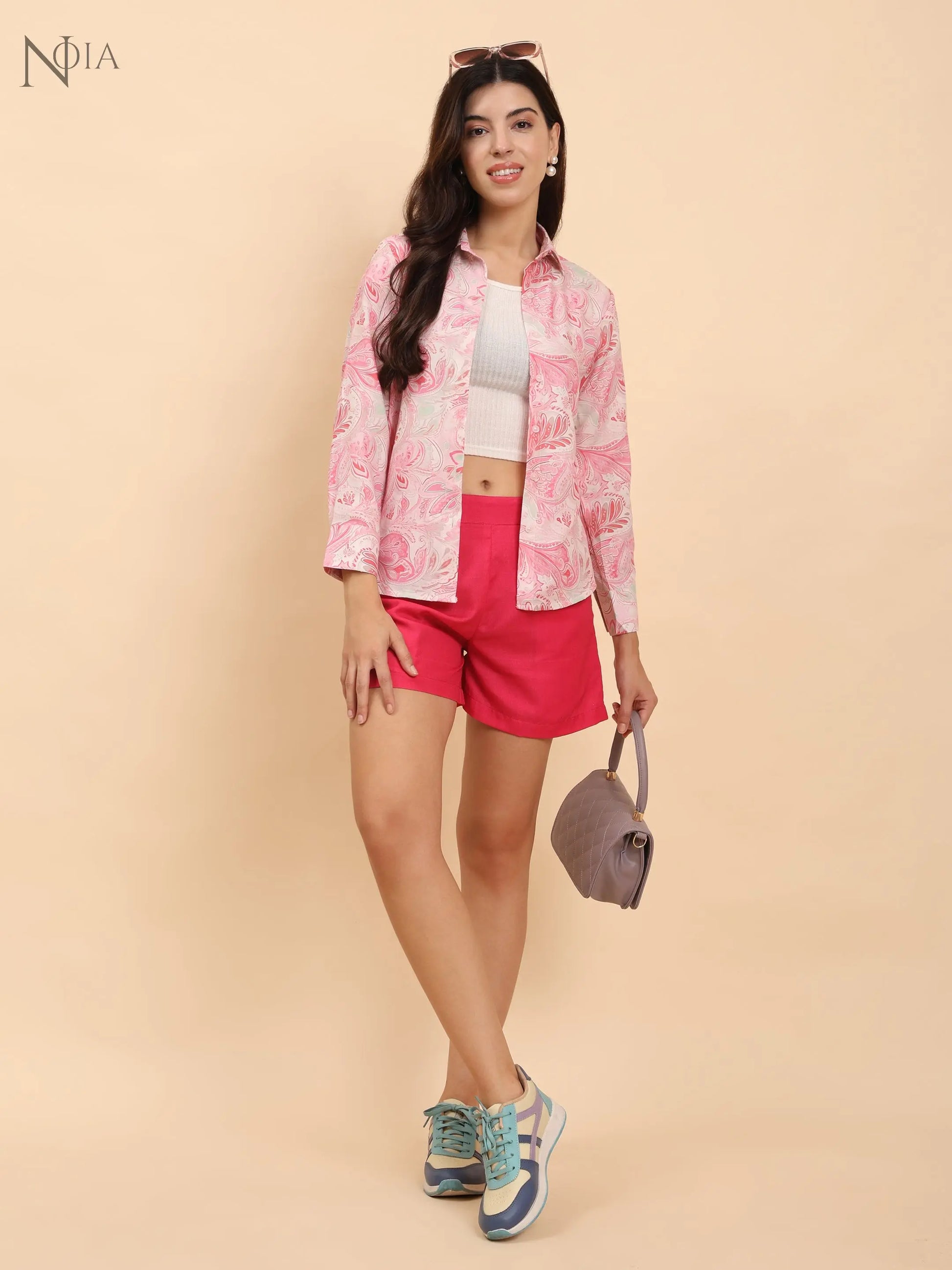 Noia Pink Paisley Shirt & Red Shorts Co-Ord Set | Stylish Cotton Summer Outfit for Women Noia