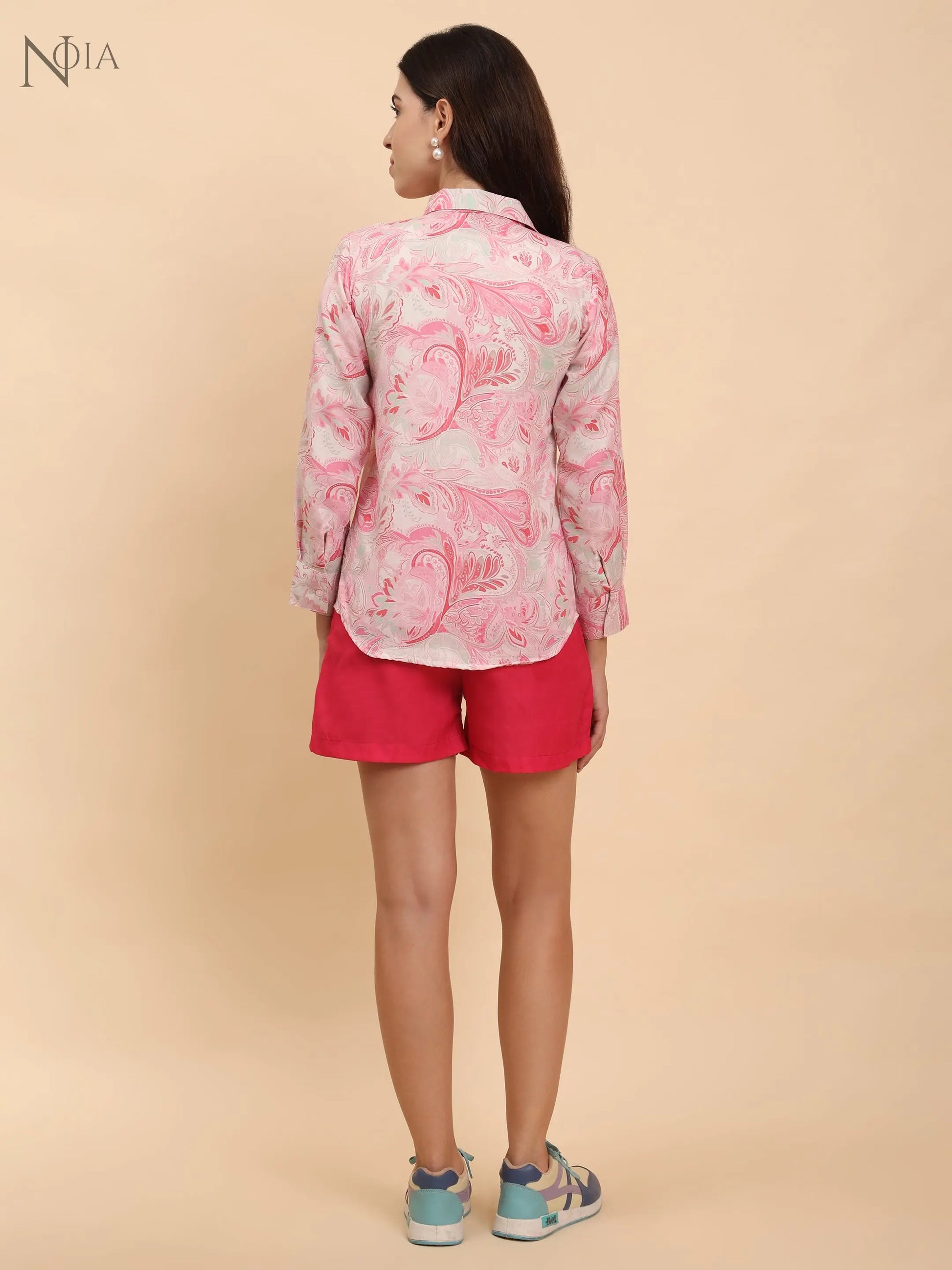 Noia Pink Paisley Shirt & Red Shorts Co-Ord Set | Stylish Cotton Summer Outfit for Women Noia