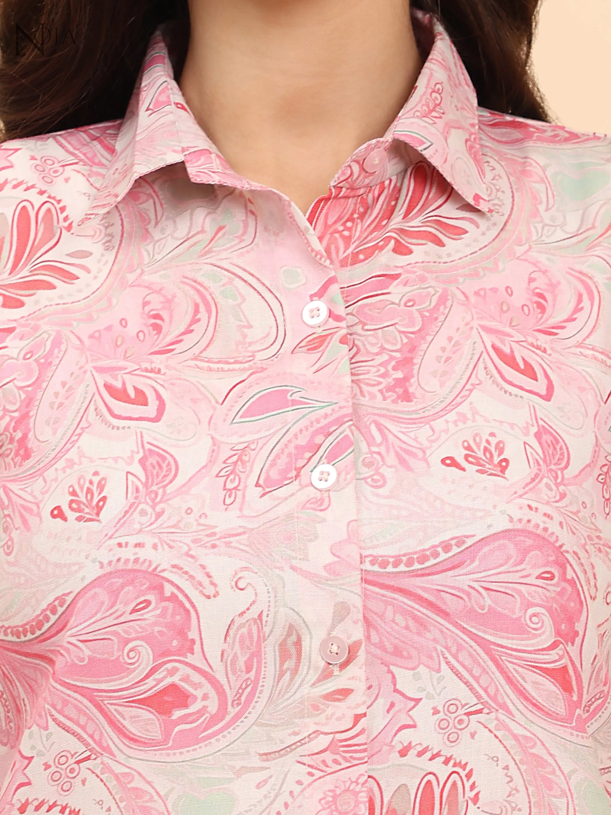Noia Pink Paisley Shirt & Red Shorts Co-Ord Set | Stylish Cotton Summer Outfit for Women Noia
