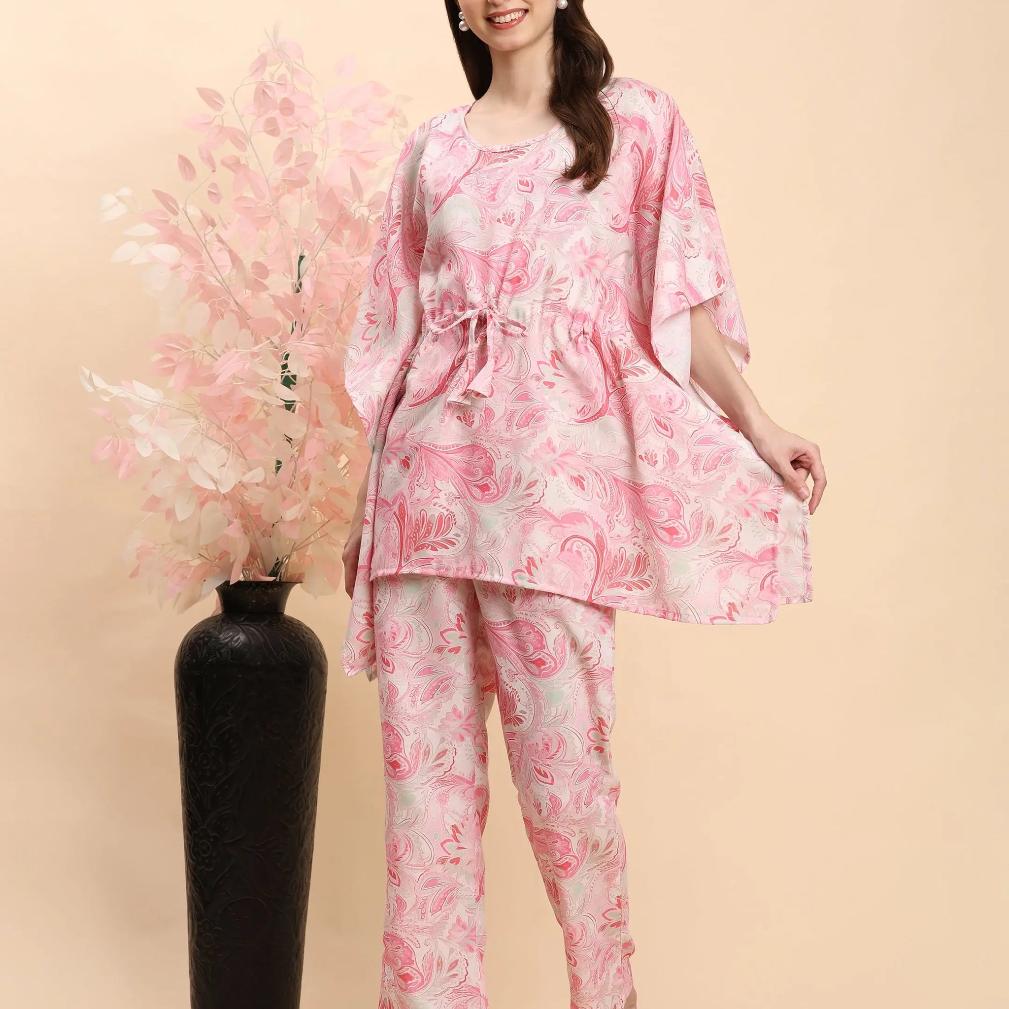 Noia Pink & White Paisley Kaftan Top with Trousers – Women’s Co-Ord Set Noia