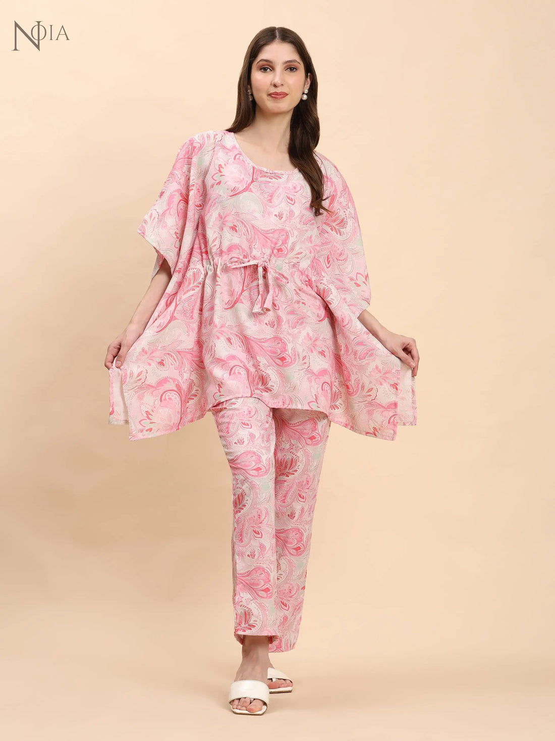 Noia Pink & White Paisley Kaftan Top with Trousers – Women’s Co-Ord Set Noia