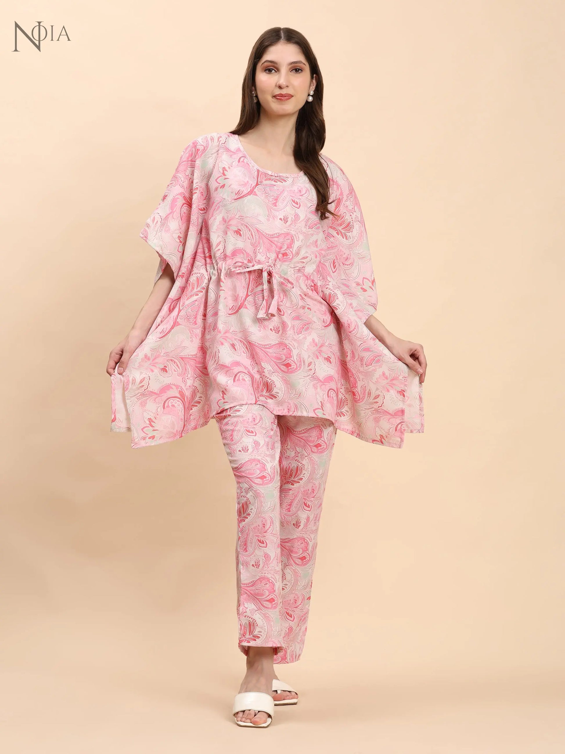 Noia Pink & White Paisley Kaftan Top with Trousers – Women’s Co-Ord Set Noia