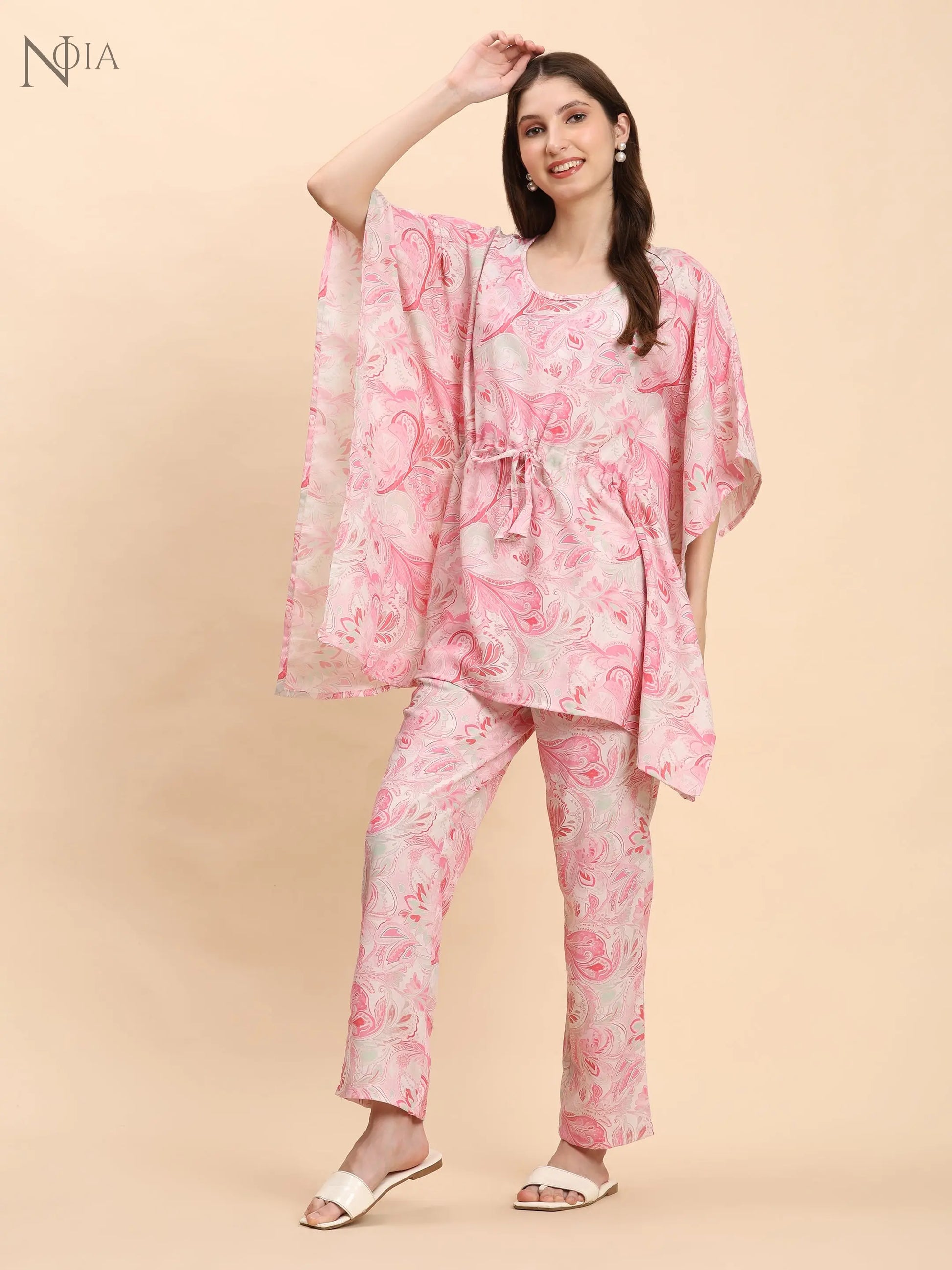 Noia Pink & White Paisley Kaftan Top with Trousers – Women’s Co-Ord Set Noia