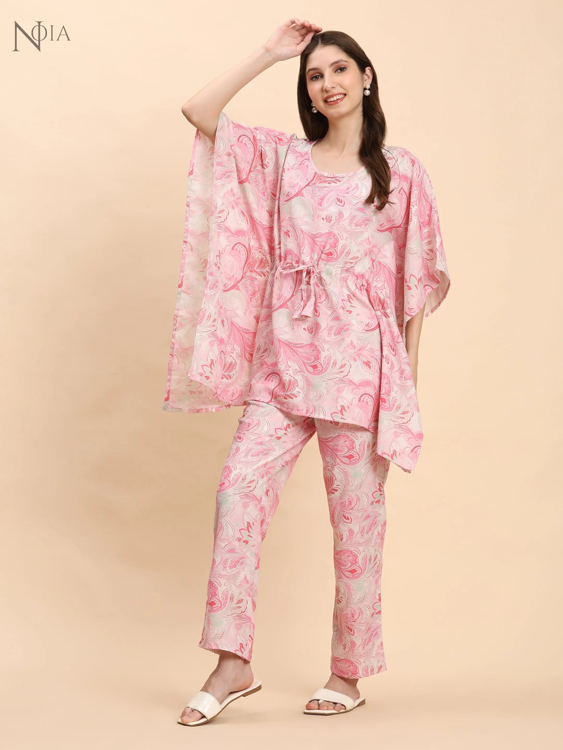 Noia Pink & White Paisley Kaftan Top with Trousers – Women’s Co-Ord Set Noia