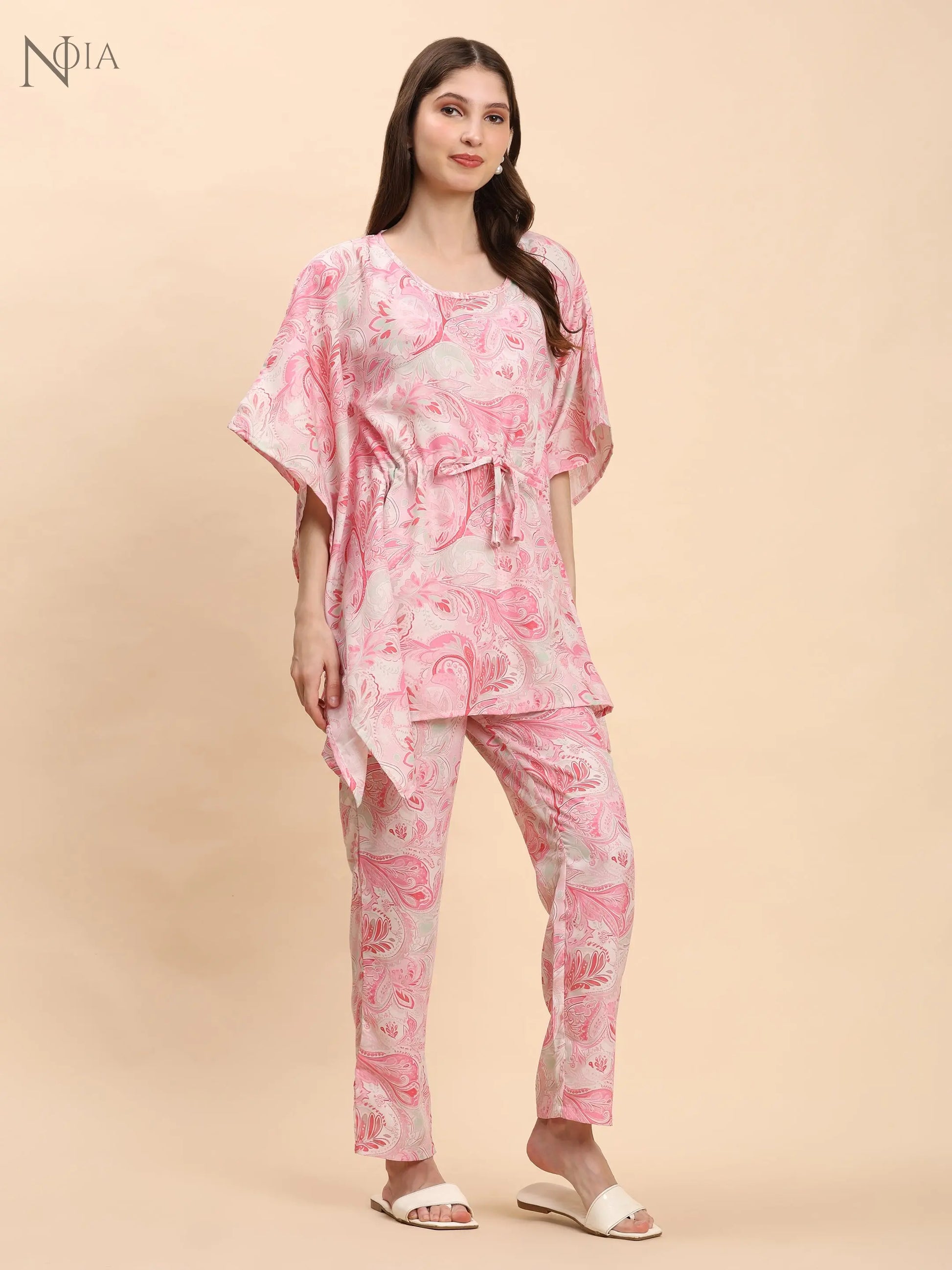 Noia Pink & White Paisley Kaftan Top with Trousers – Women’s Co-Ord Set Noia