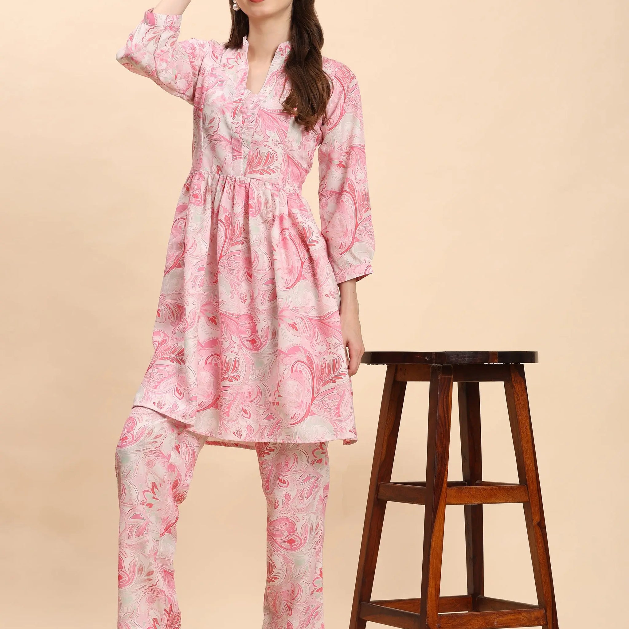 Noia Pink & White Paisley Long Sleeved V-Neck Top with Trousers Noia