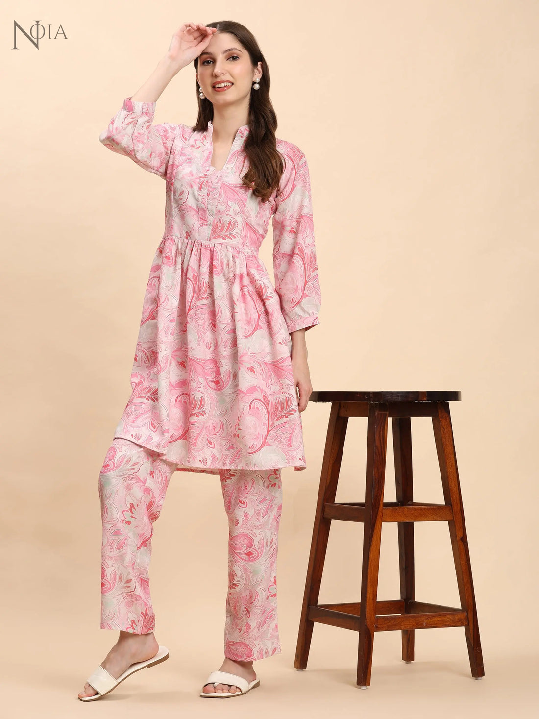 Noia Pink & White Paisley Long Sleeved V-Neck Top with Trousers Noia