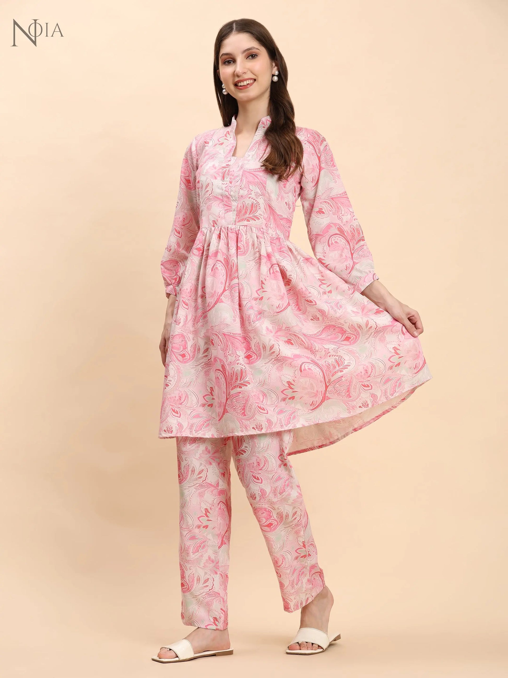 Noia Pink & White Paisley Long Sleeved V-Neck Top with Trousers Noia