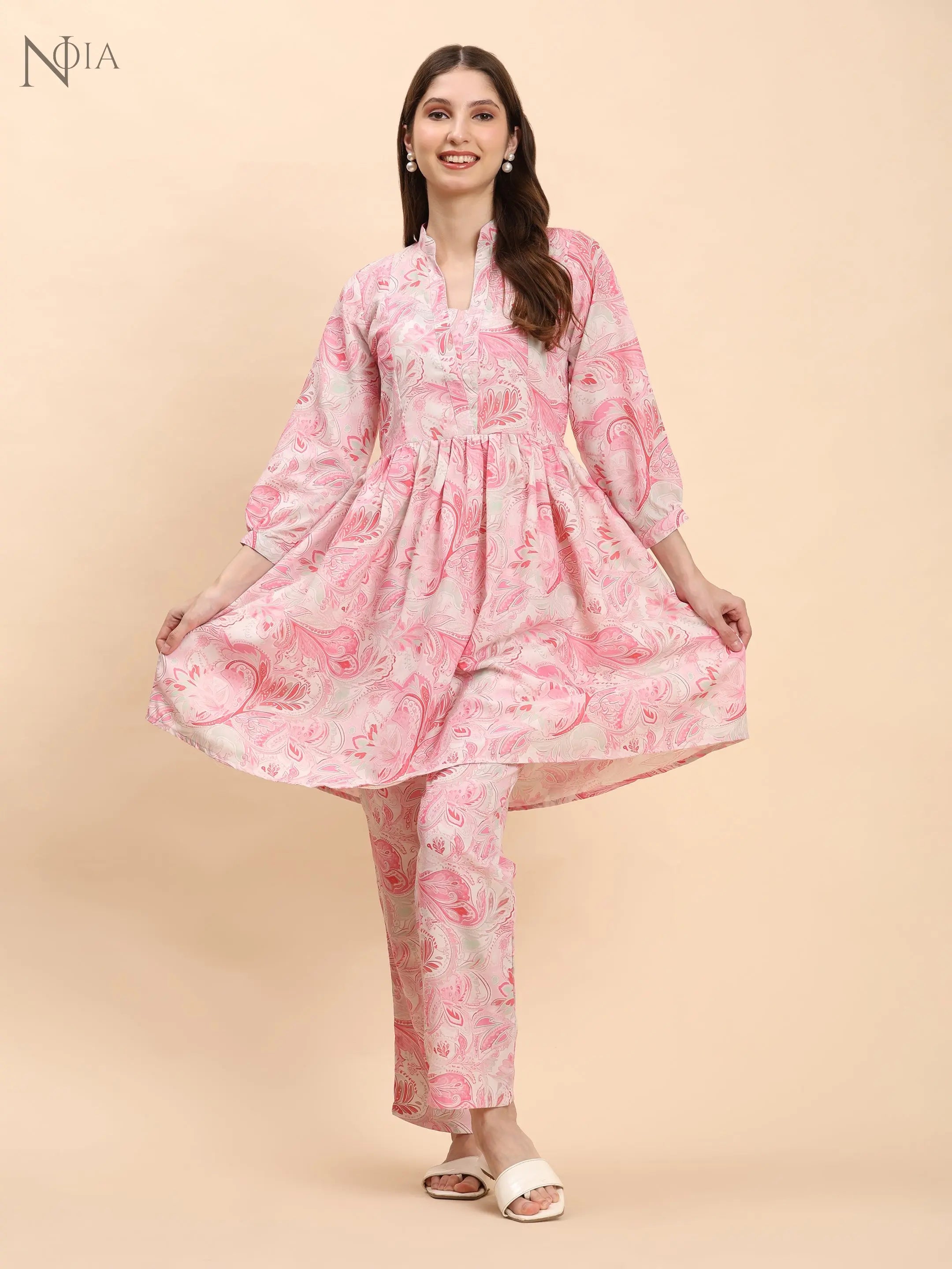 Noia Pink & White Paisley Long Sleeved V-Neck Top with Trousers Noia