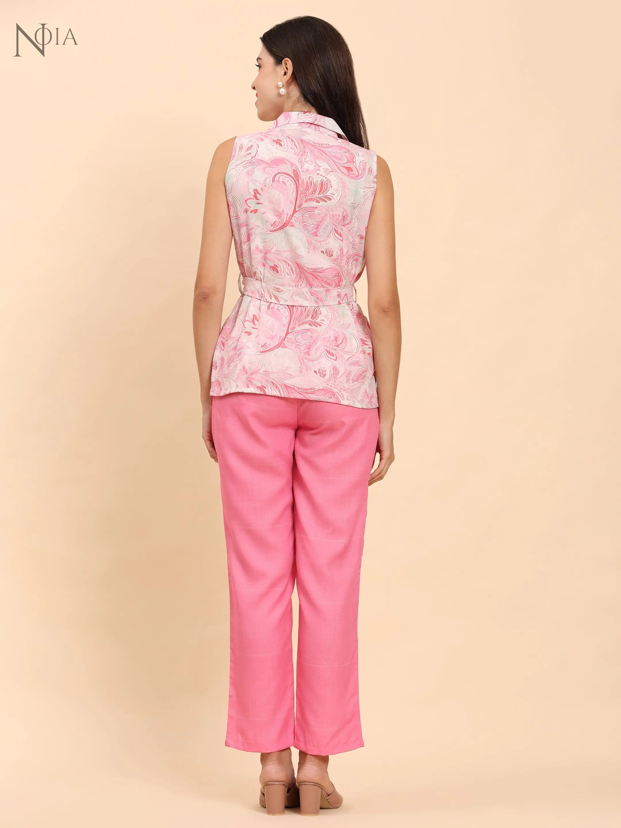 Noia Pink & White Paisley Shawl Collared Top with Trousers Noia
