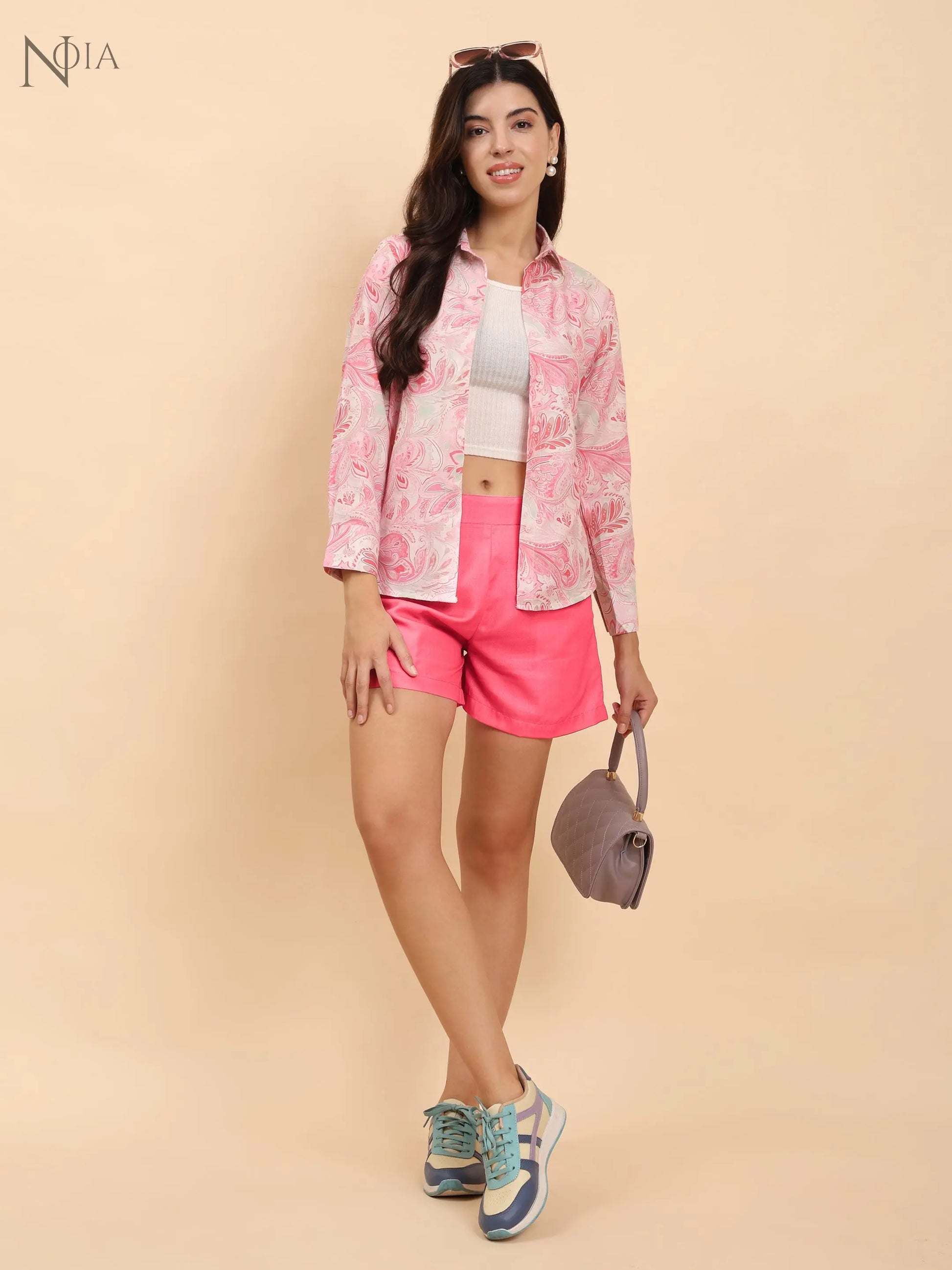 Noia Pink & White Paisley Shirt with Pink Shorts – Co-Ord Set for Women Noia