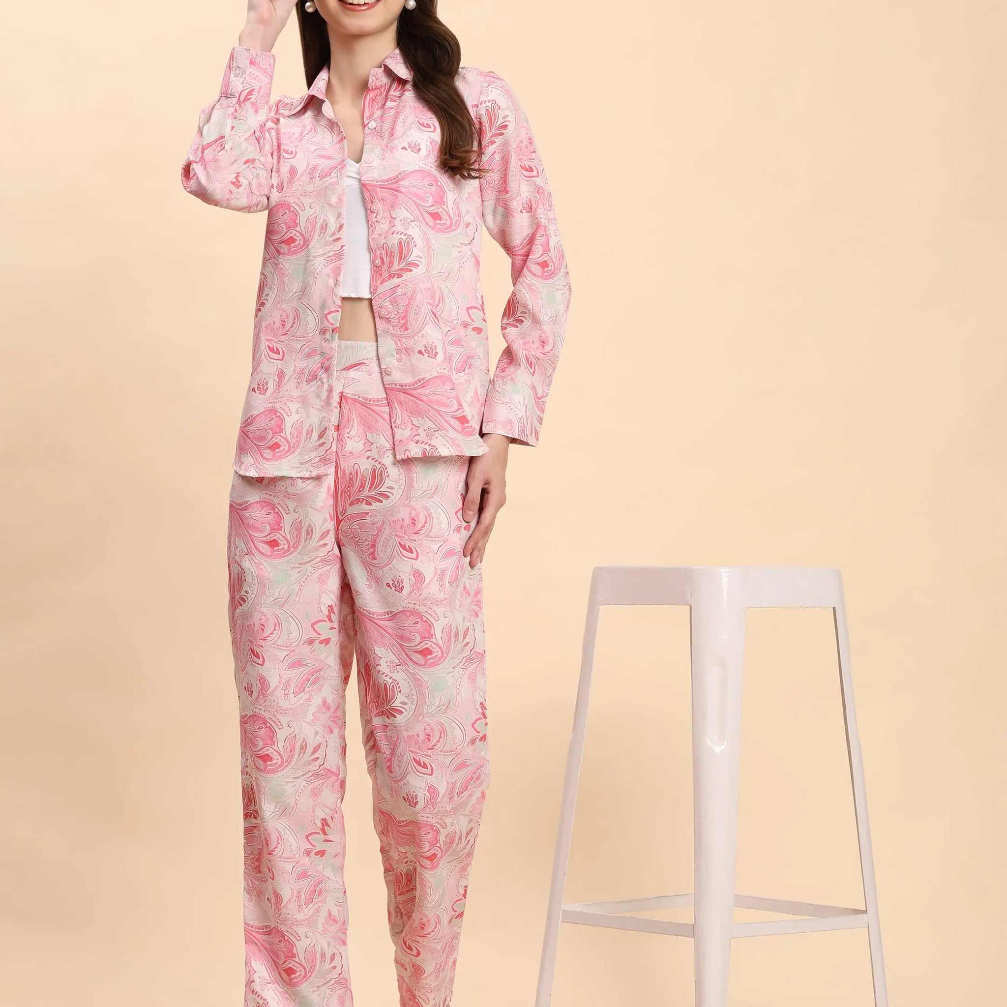 Noia Pink & White Paisley Shirt with Printed Trousers – Co-Ord Set for Women Noia
