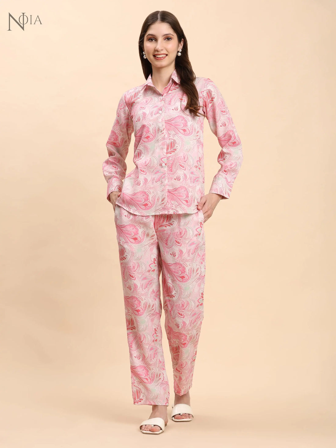 Noia Pink & White Paisley Shirt with Printed Trousers – Co-Ord Set for Women Noia