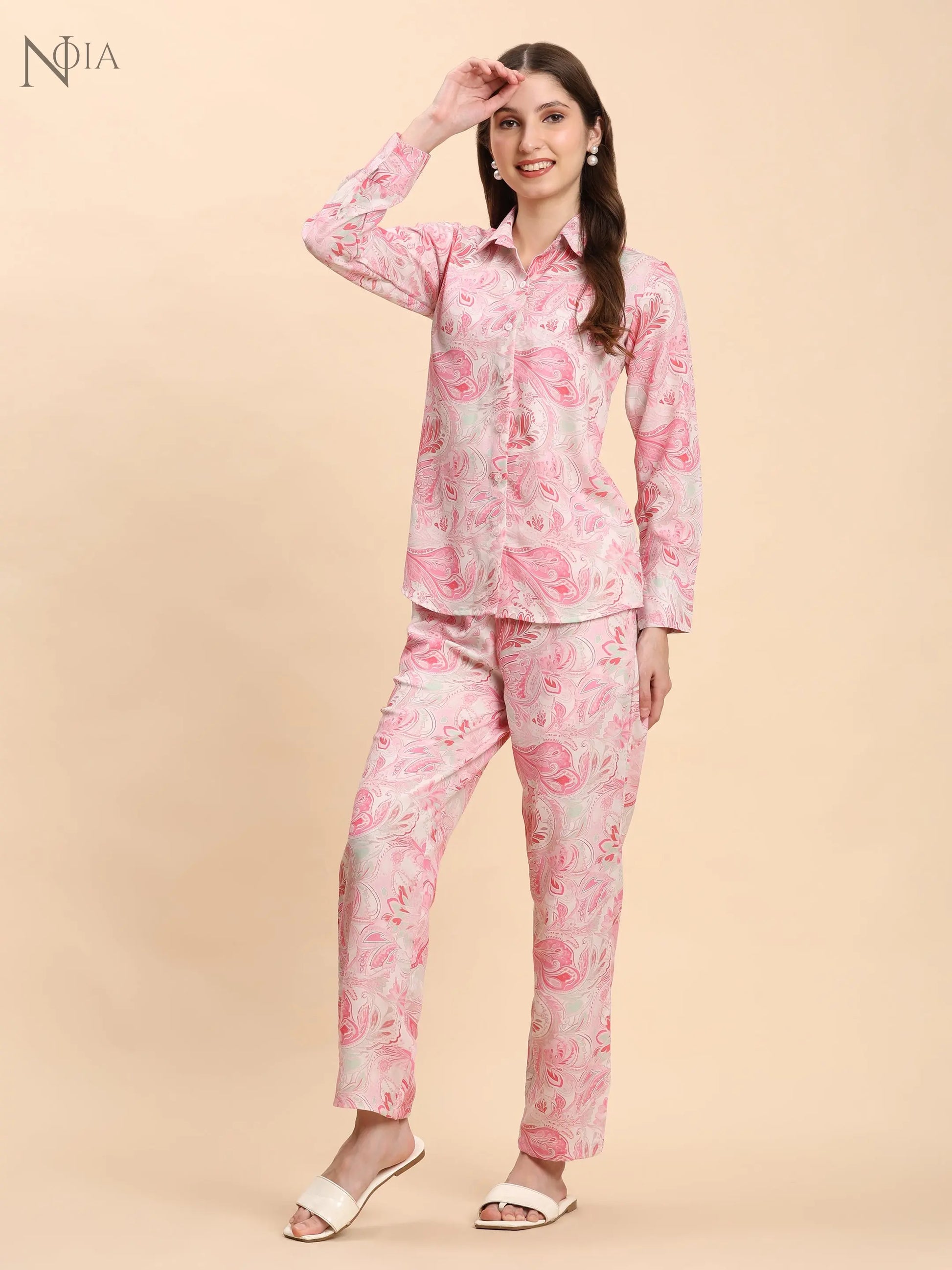Noia Pink & White Paisley Shirt with Printed Trousers – Co-Ord Set for Women Noia