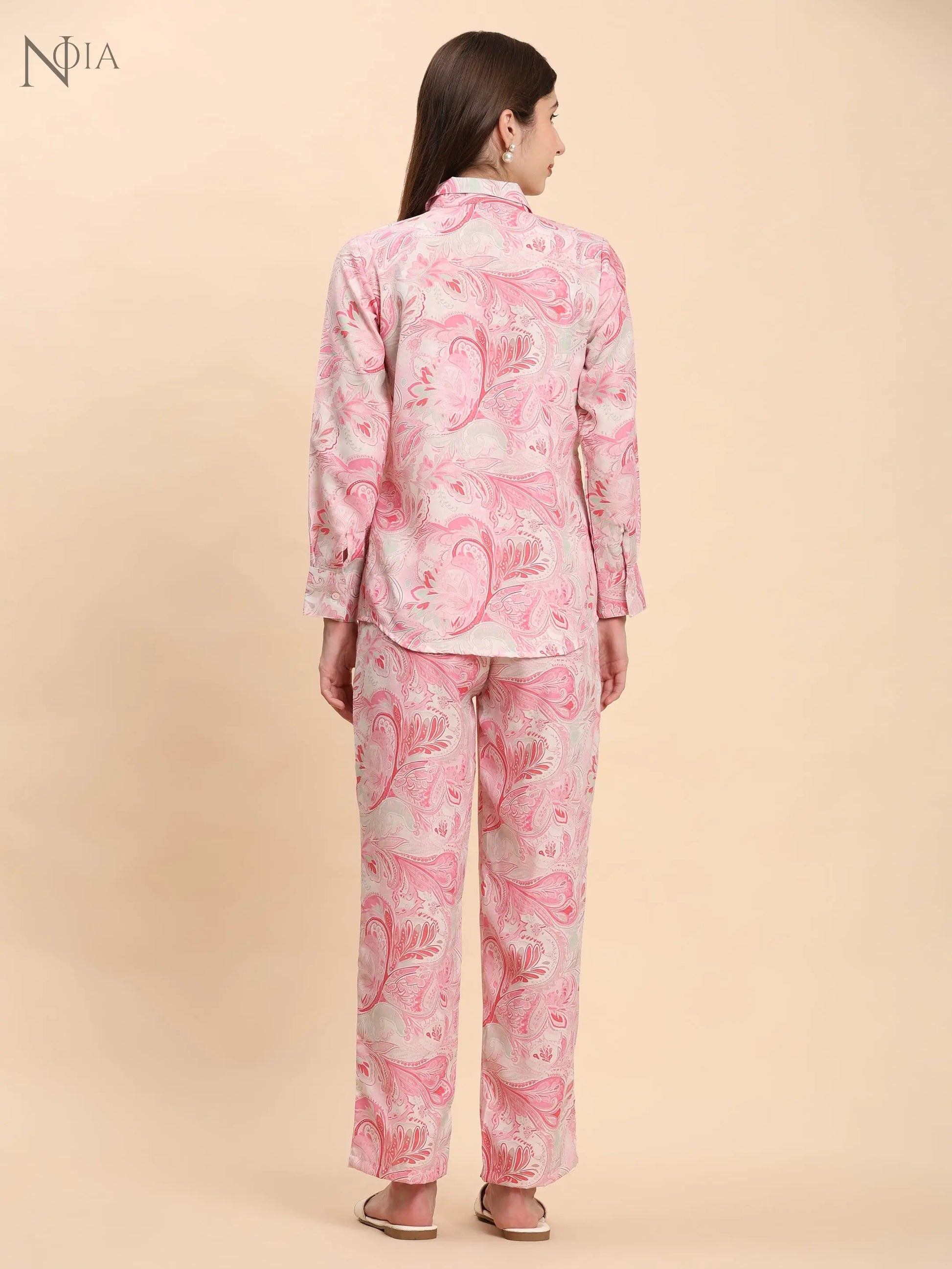 Noia Pink & White Paisley Shirt with Printed Trousers – Co-Ord Set for Women Noia