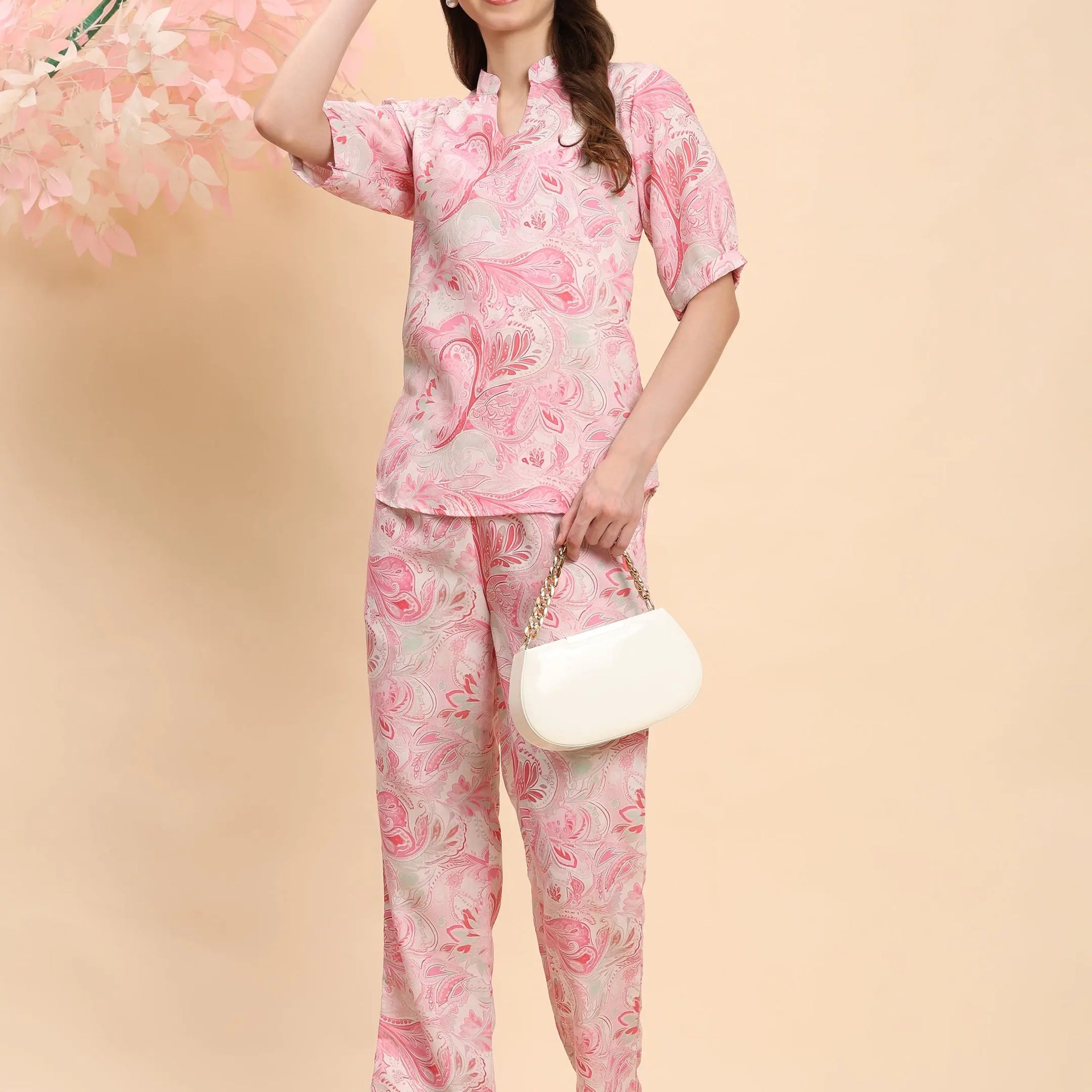 Noia Pink & White Paisley Short Sleeve Top with Trousers Noia