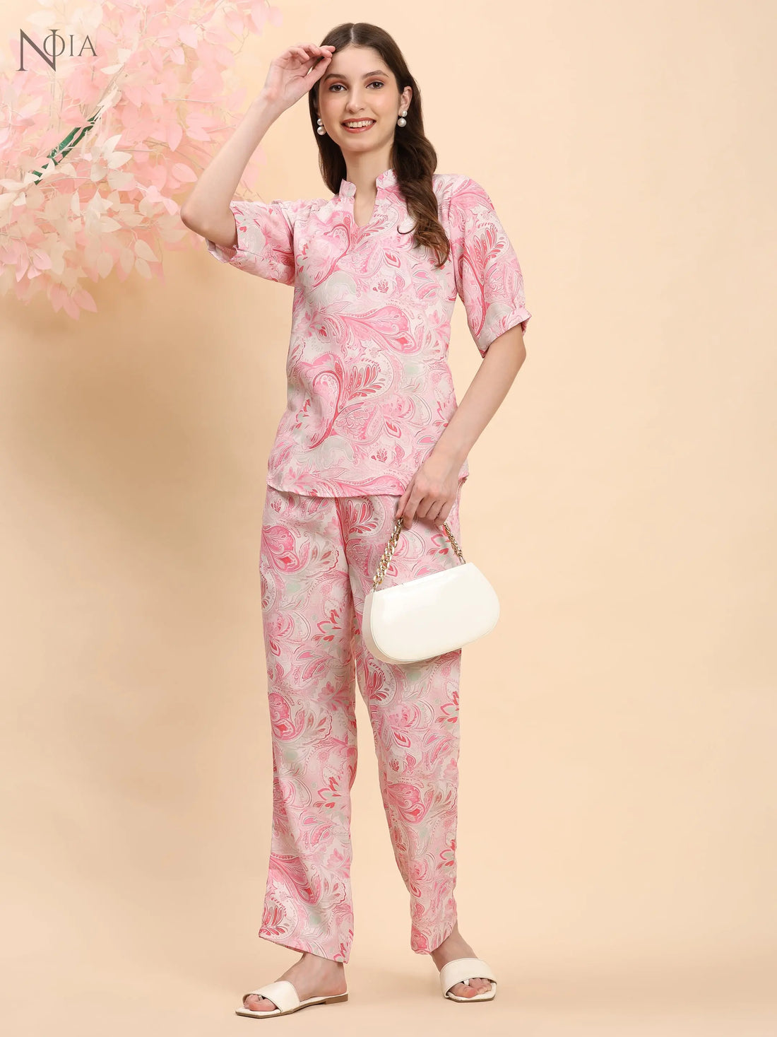 Noia Pink & White Paisley Short Sleeve Top with Trousers Noia