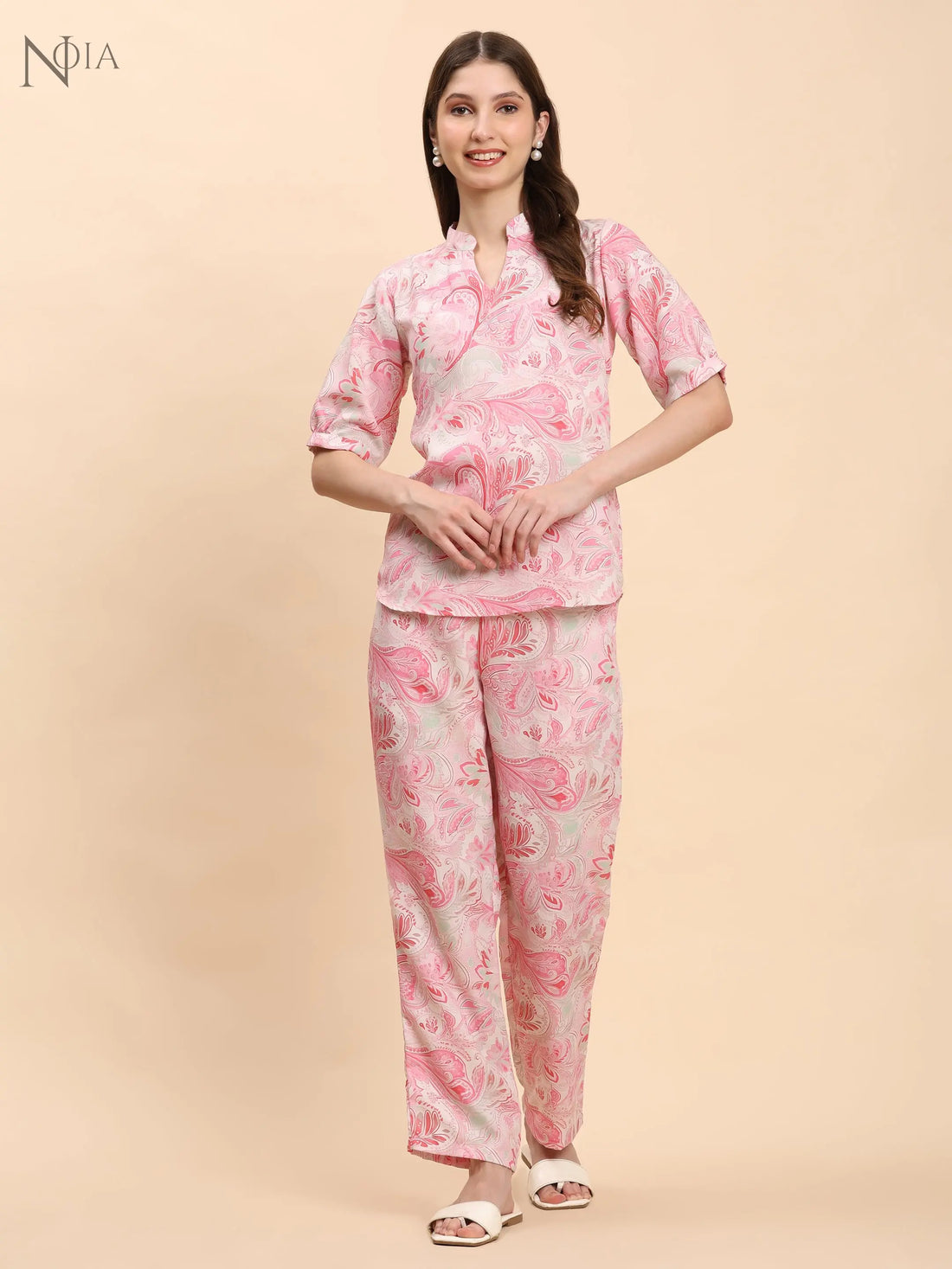 Noia Pink & White Paisley Short Sleeve Top with Trousers Noia