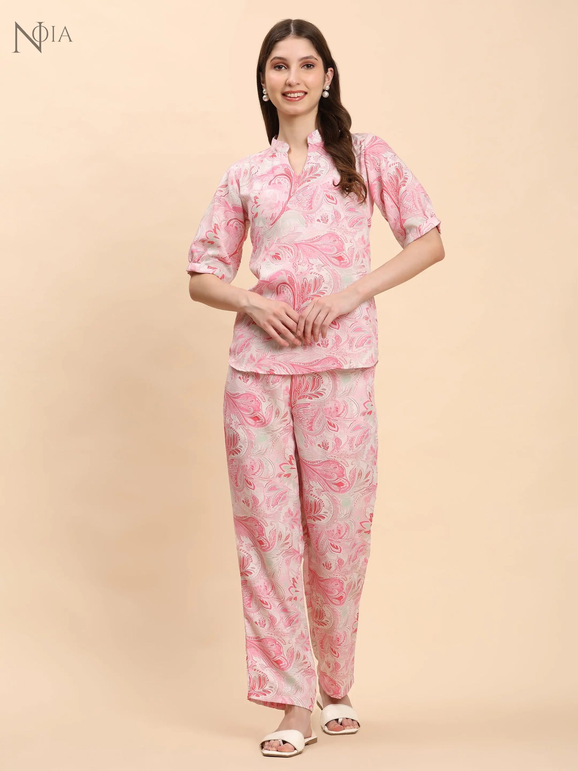 Noia Pink & White Paisley Short Sleeve Top with Trousers Noia