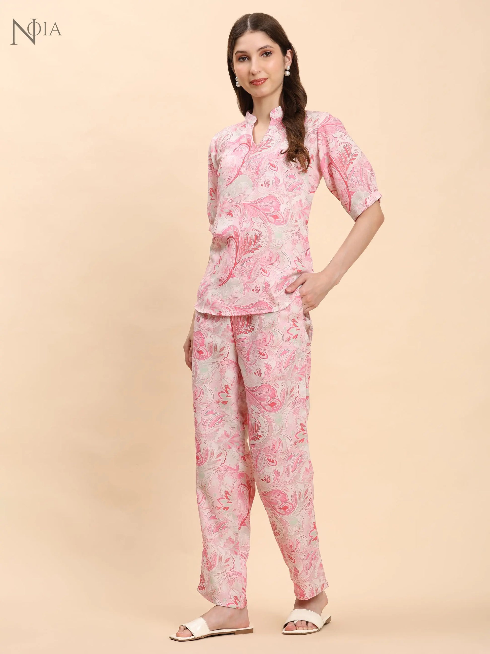 Noia Pink & White Paisley Short Sleeve Top with Trousers Noia