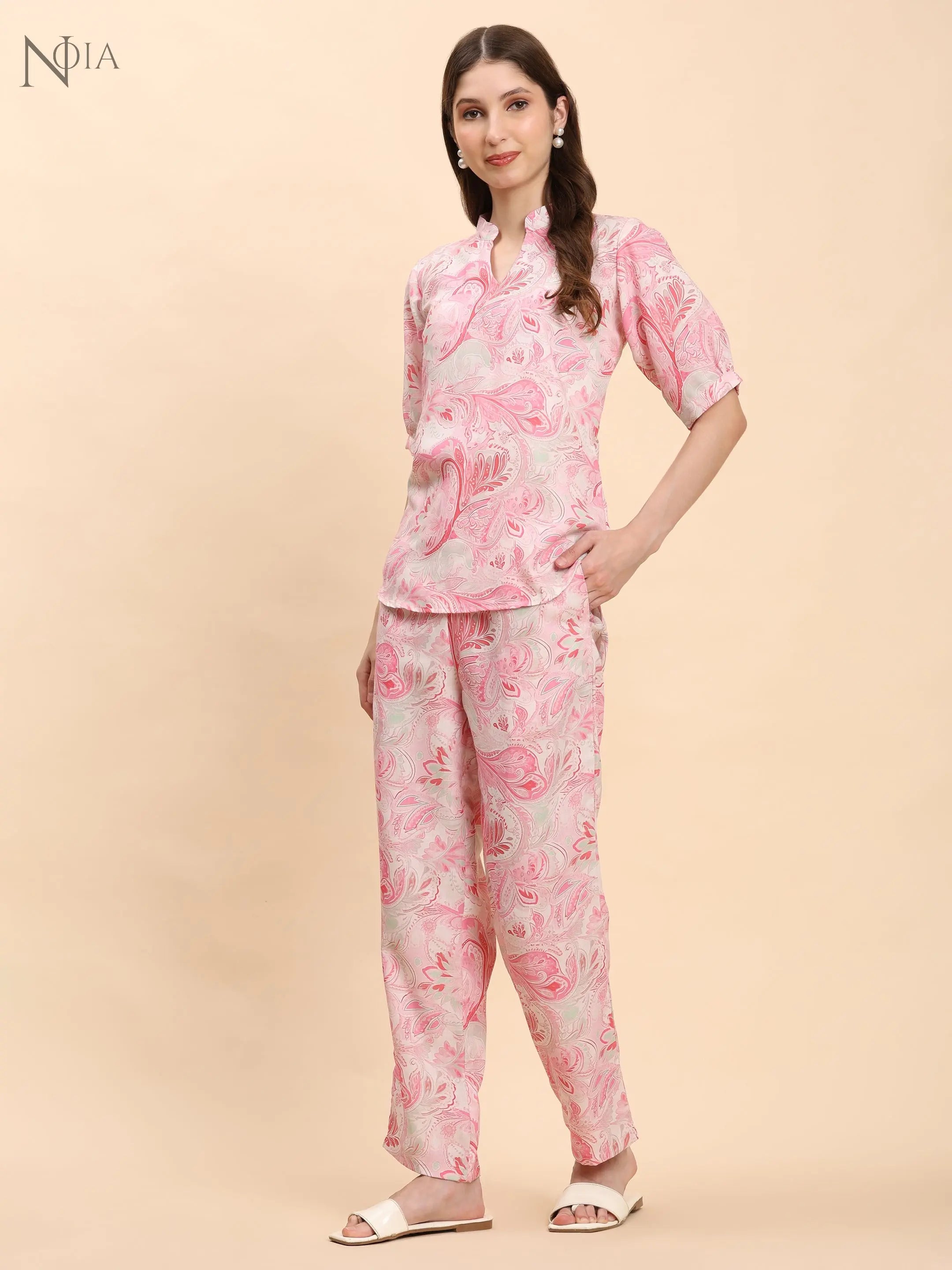 Noia Pink & White Paisley Short Sleeve Top with Trousers Noia