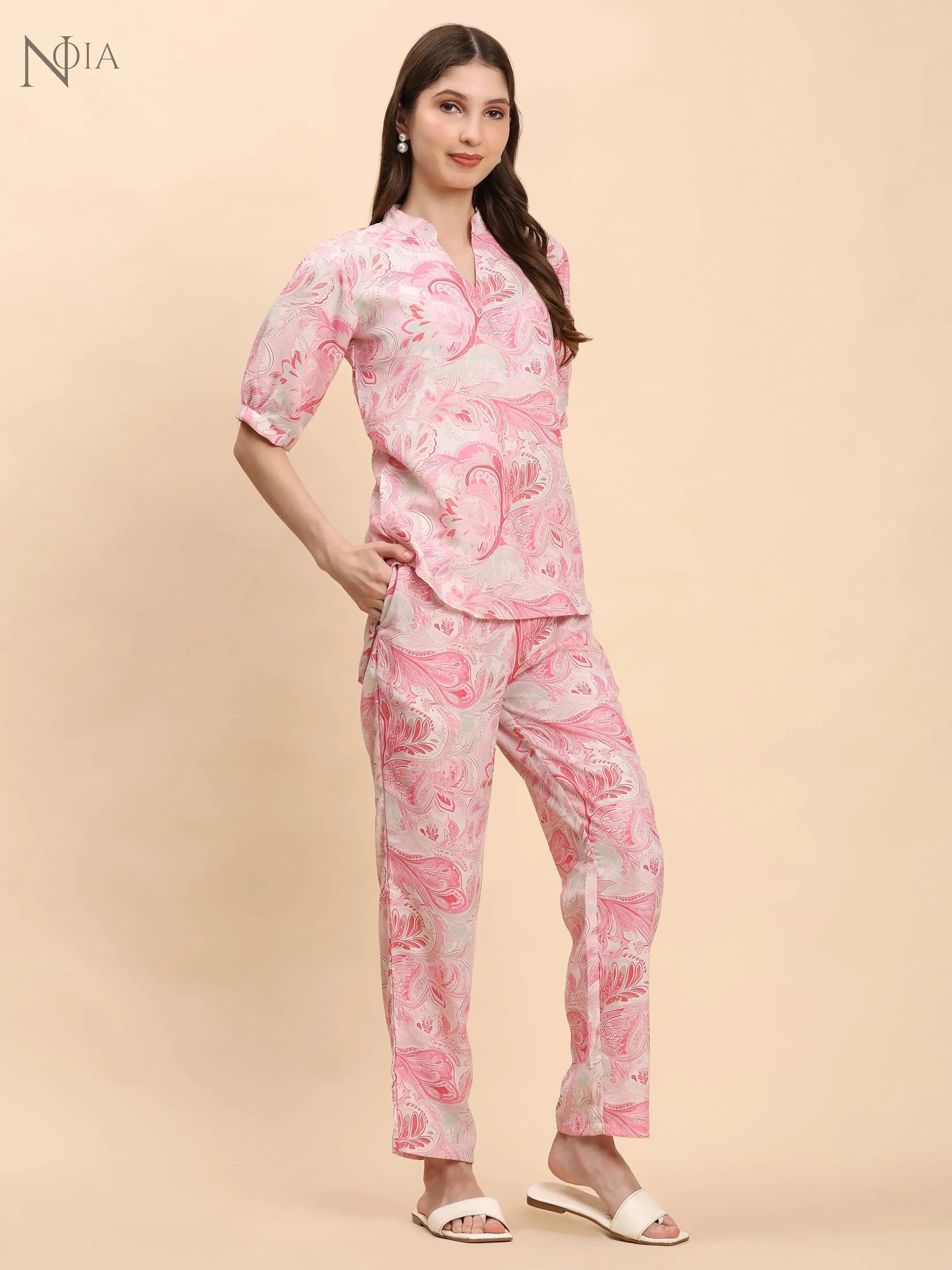 Noia Pink & White Paisley Short Sleeve Top with Trousers Noia