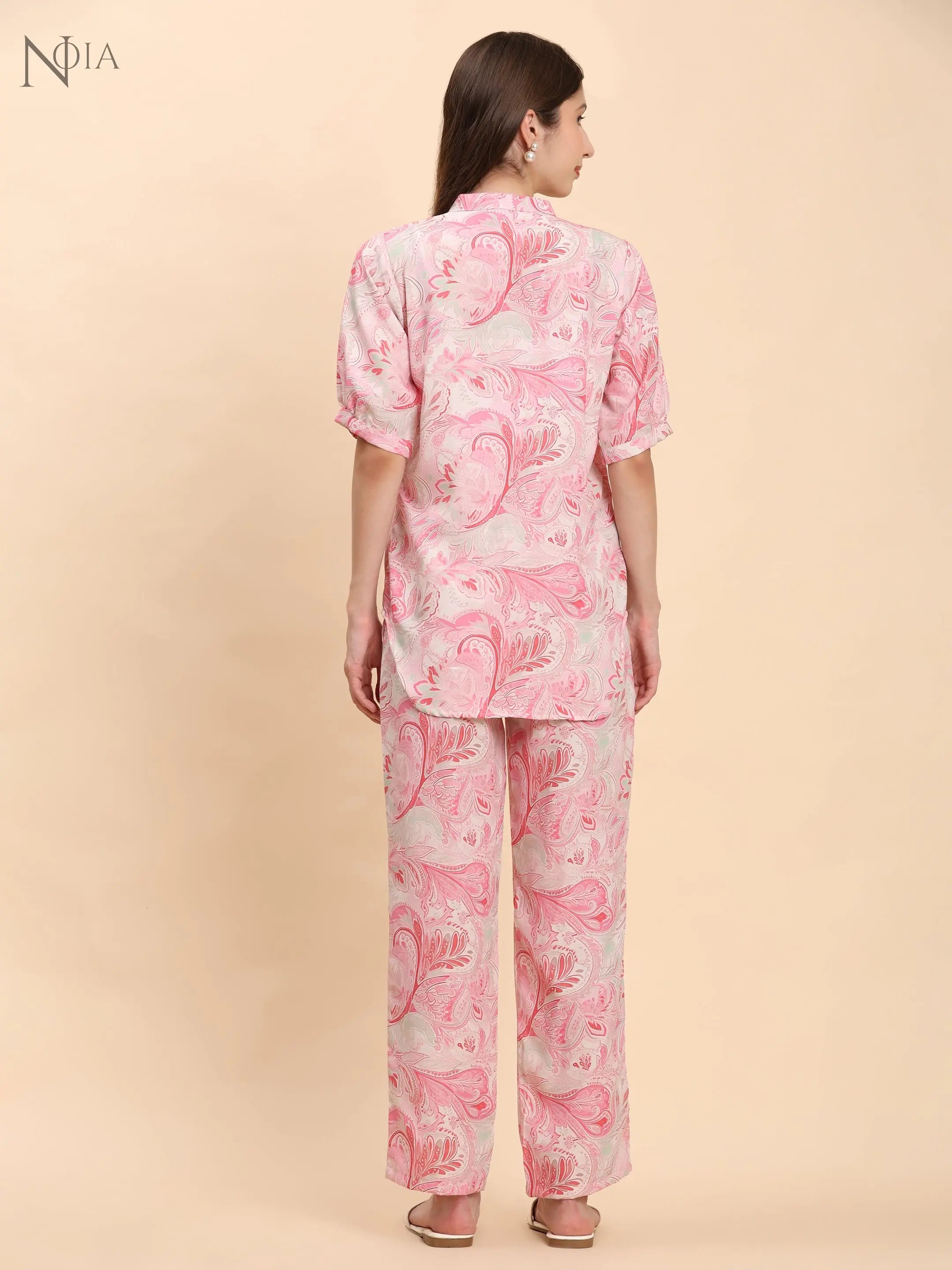 Noia Pink & White Paisley Short Sleeve Top with Trousers Noia