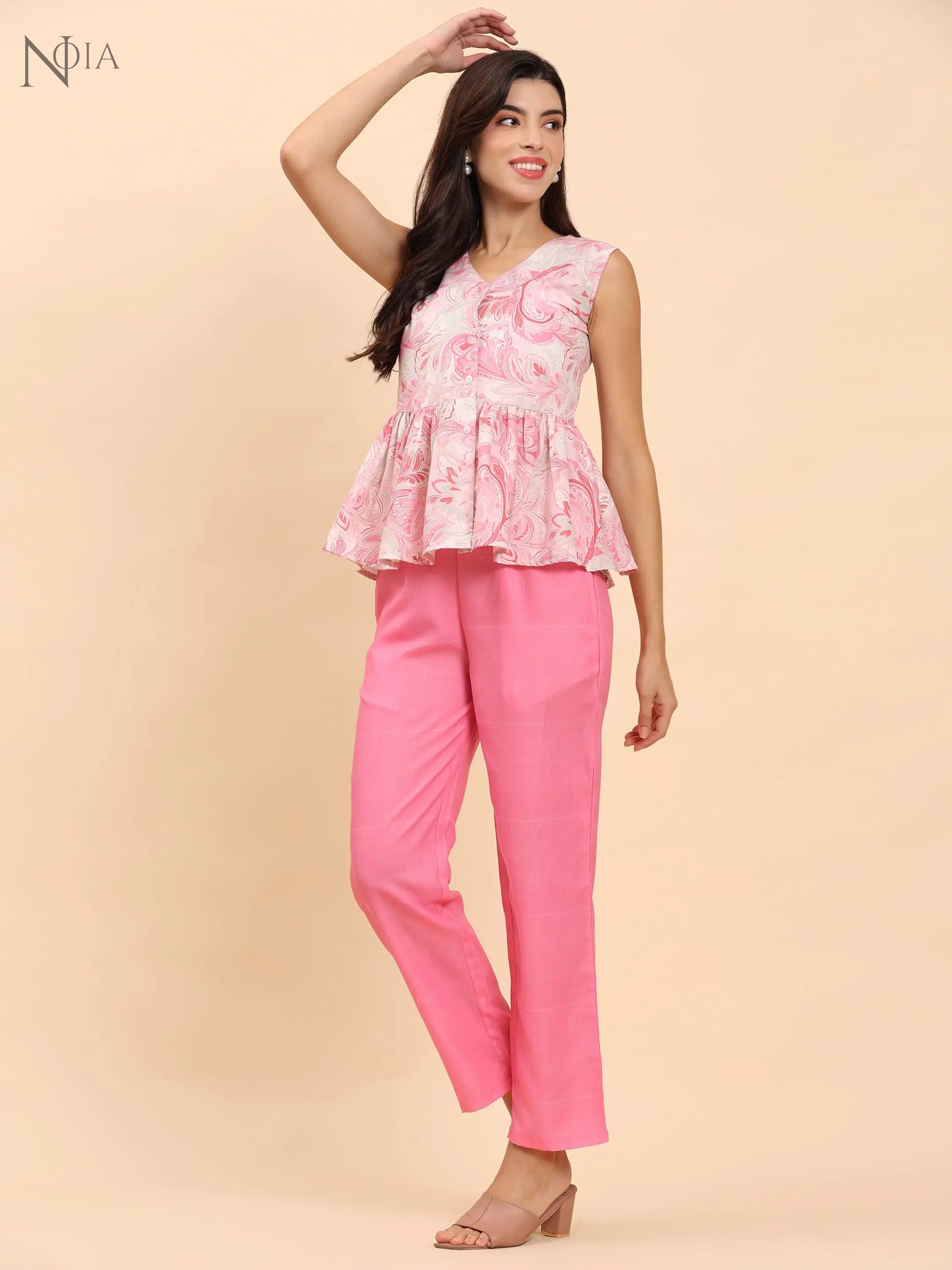 Noia Pink & White Paisley Sleeveless Peplum Top with Trousers Noia