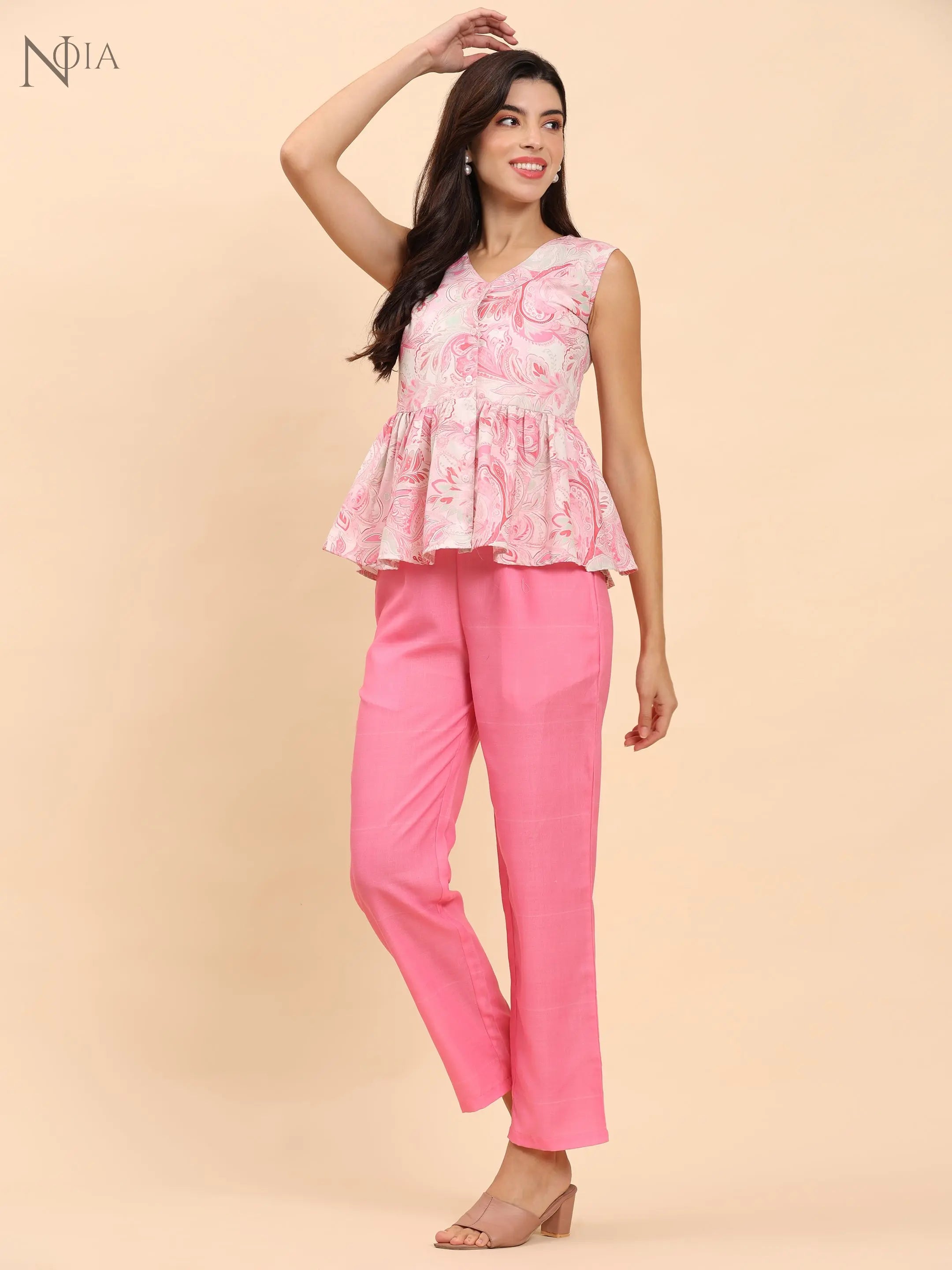 Noia Pink & White Paisley Sleeveless Peplum Top with Trousers Noia