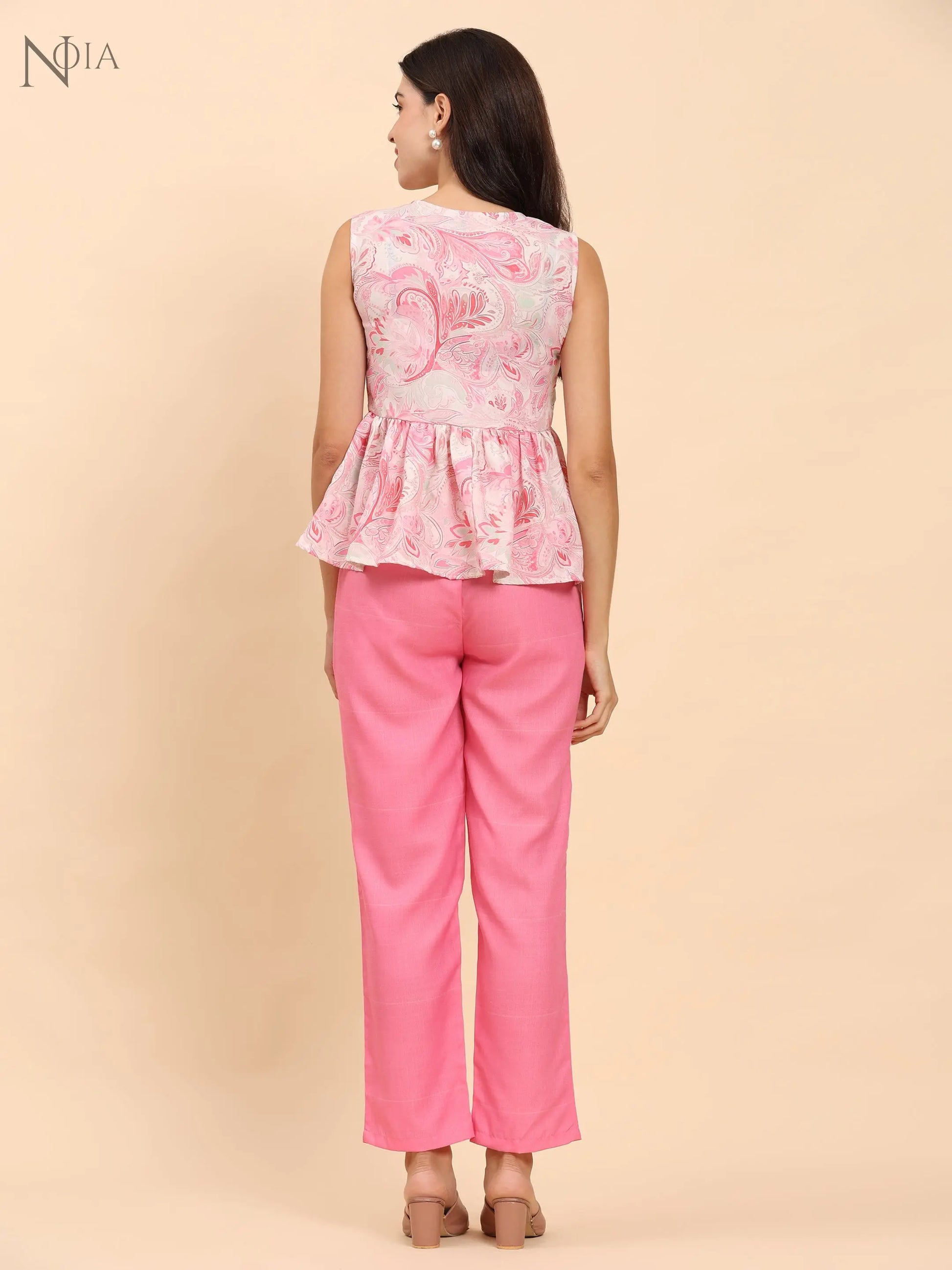 Noia Pink & White Paisley Sleeveless Peplum Top with Trousers Noia