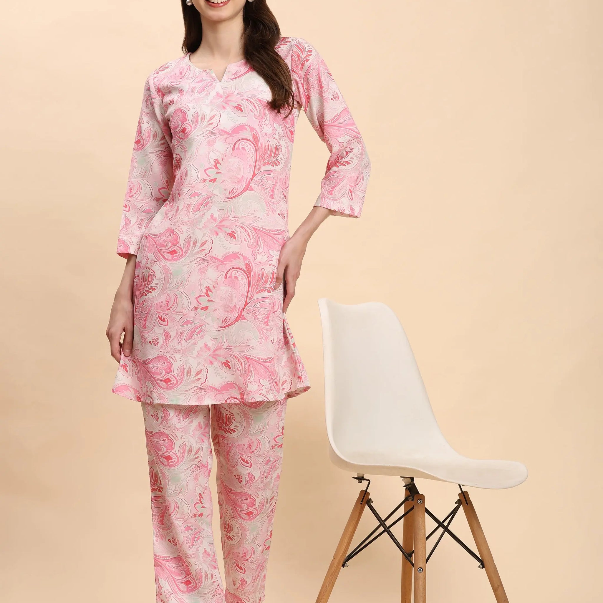 Noia Pink & White Paisley Top with Printed Trousers – Women’s Co-Ord Set Noia