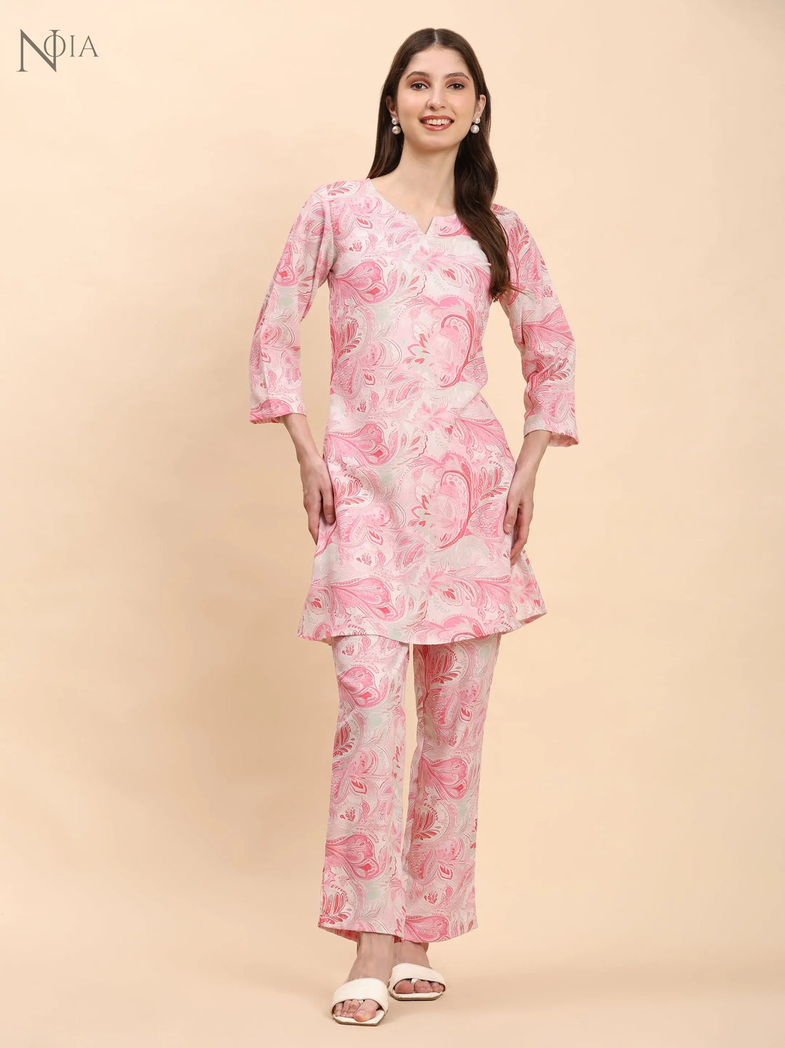 Noia Pink & White Paisley Top with Printed Trousers – Women’s Co-Ord Set Noia