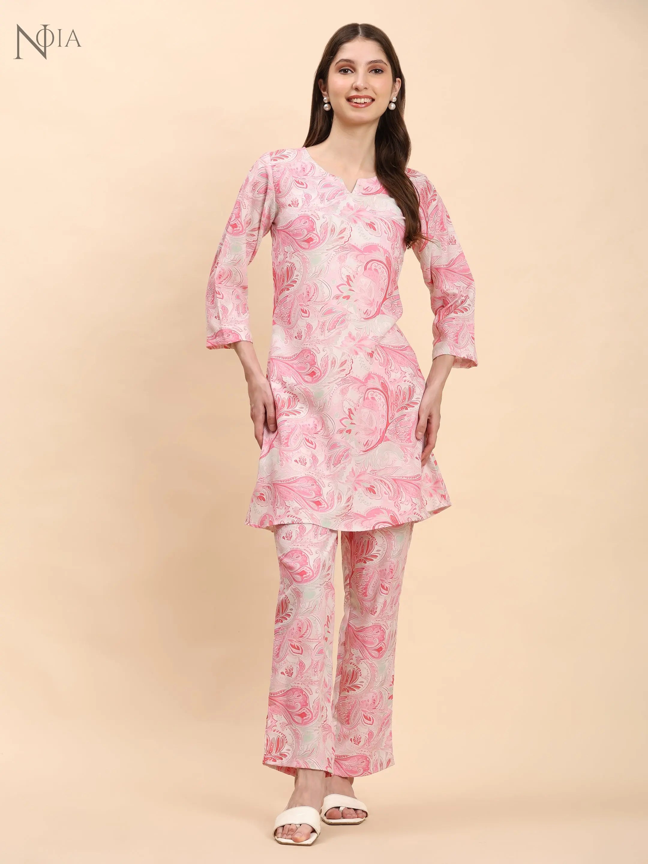 Noia Pink & White Paisley Top with Printed Trousers – Women’s Co-Ord Set Noia