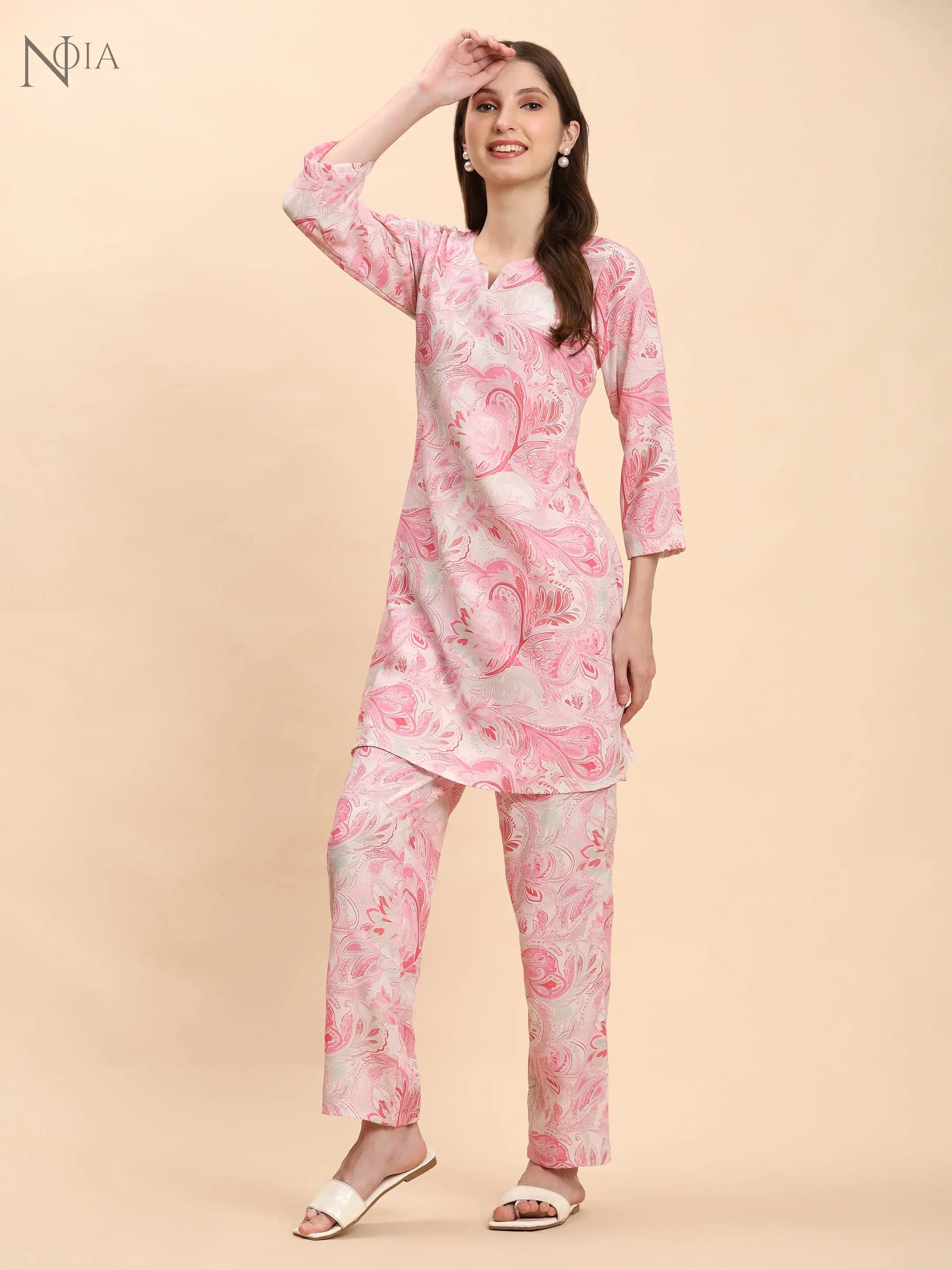 Noia Pink & White Paisley Top with Printed Trousers – Women’s Co-Ord Set Noia