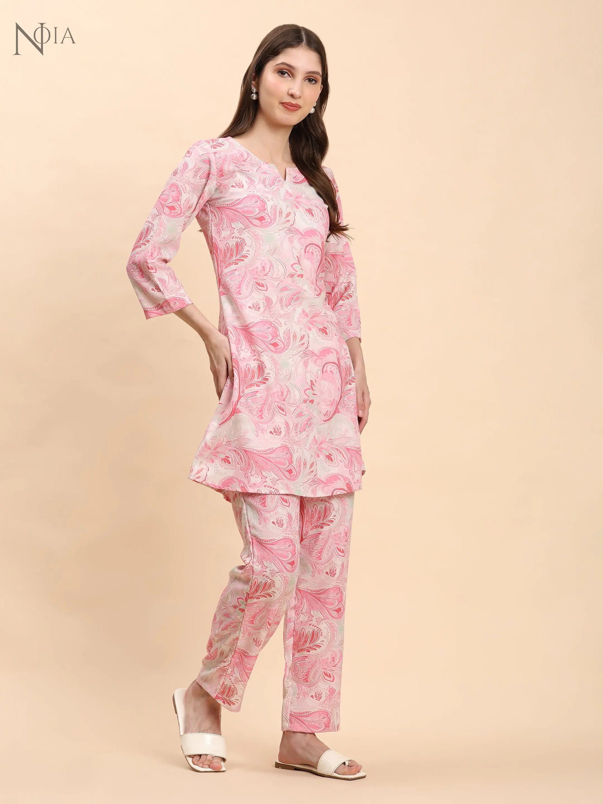 Noia Pink & White Paisley Top with Printed Trousers – Women’s Co-Ord Set Noia