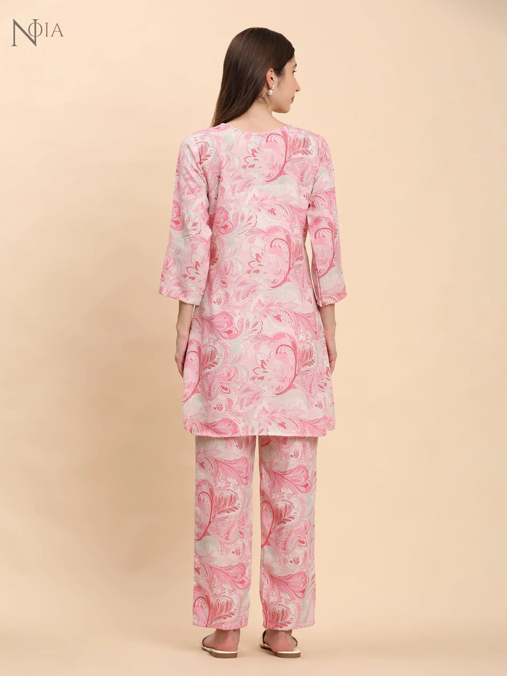 Noia Pink & White Paisley Top with Printed Trousers – Women’s Co-Ord Set Noia