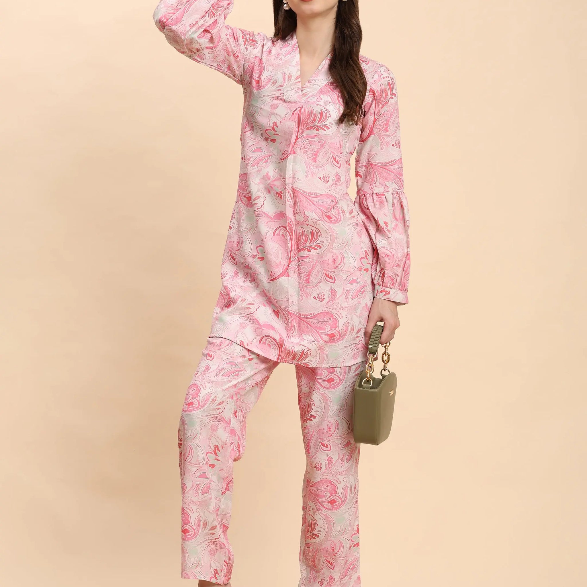 Noia Pink & White Paisley V Necked Top with Trousers Noia