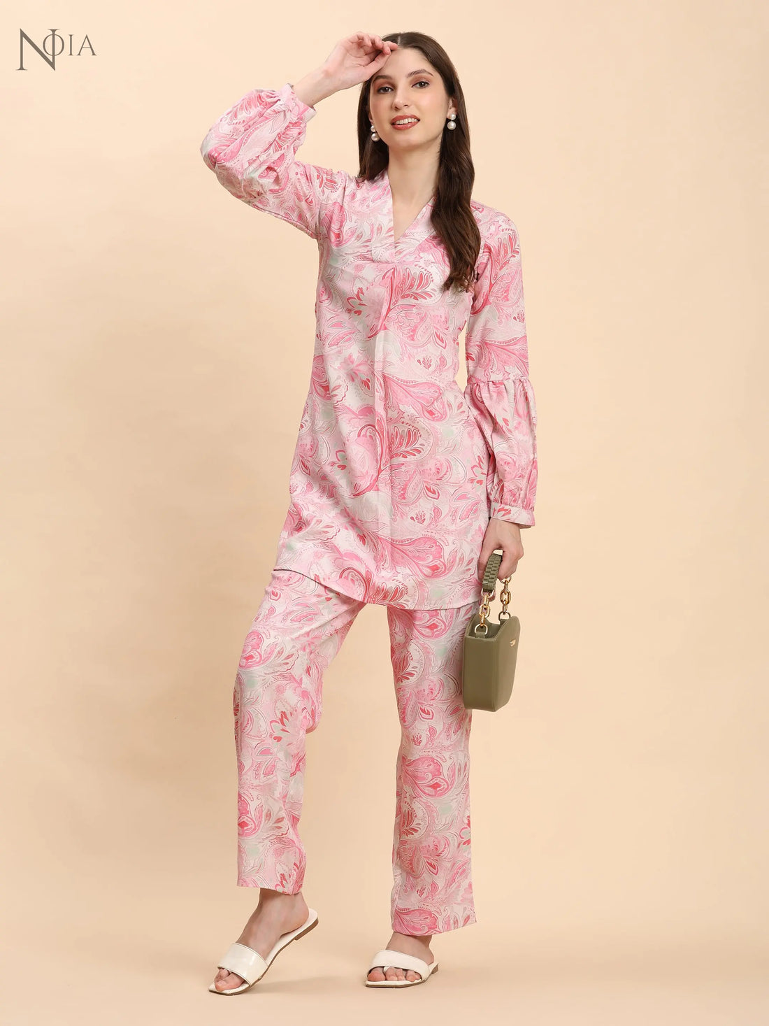 Noia Pink & White Paisley V Necked Top with Trousers Noia