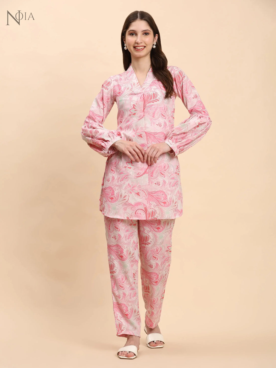 Noia Pink & White Paisley V Necked Top with Trousers Noia