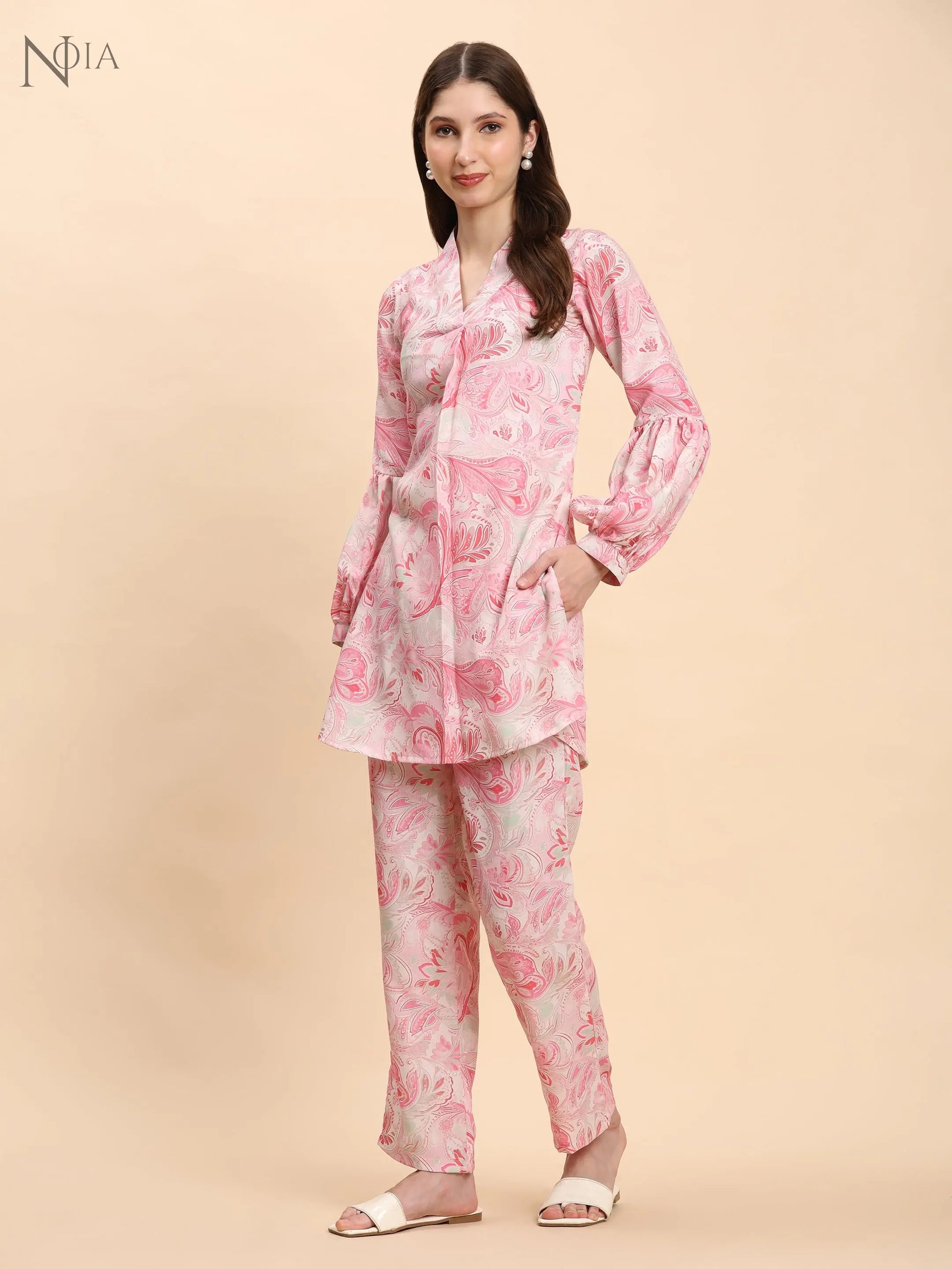 Noia Pink & White Paisley V Necked Top with Trousers Noia
