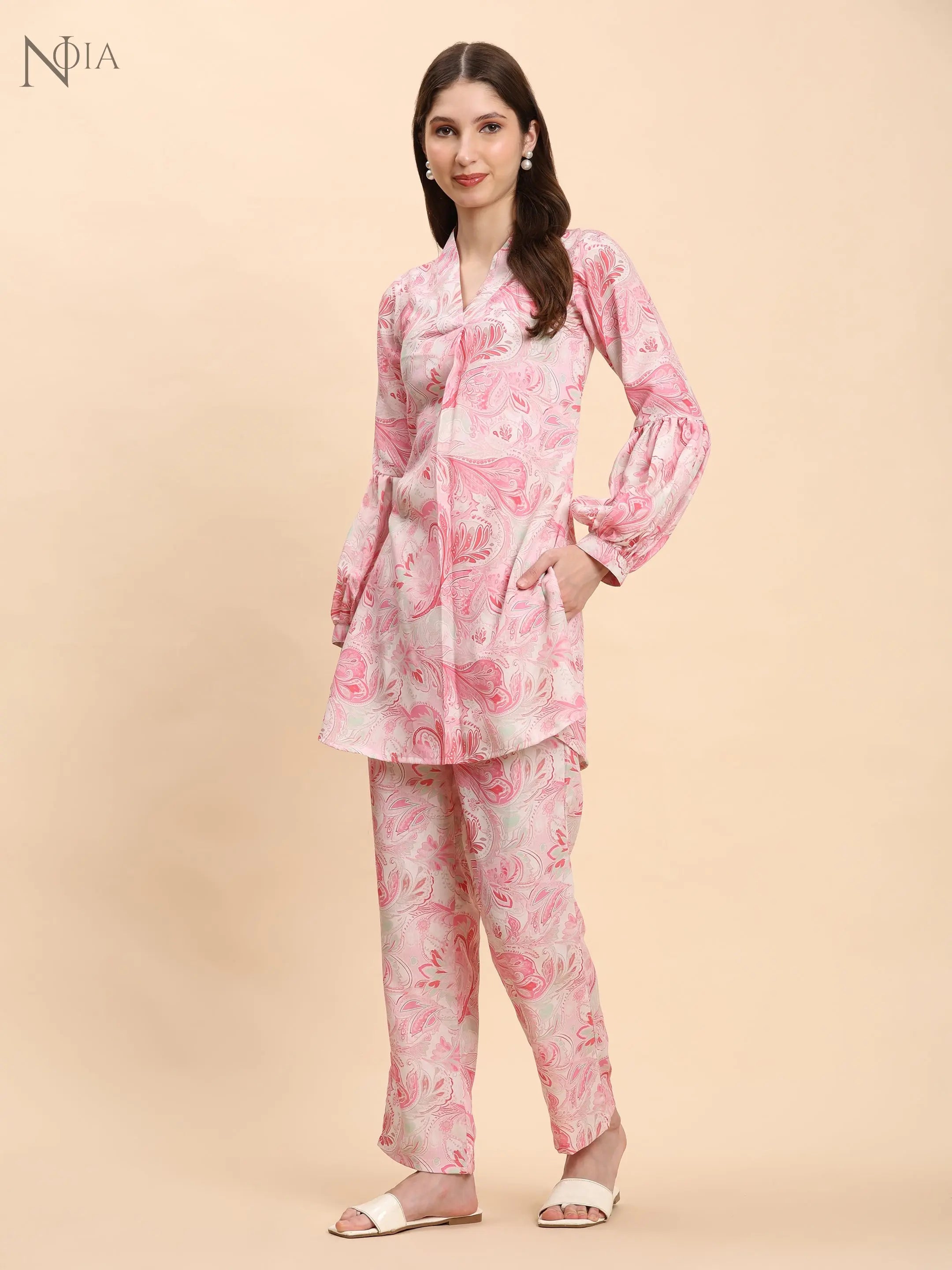 Noia Pink & White Paisley V Necked Top with Trousers Noia