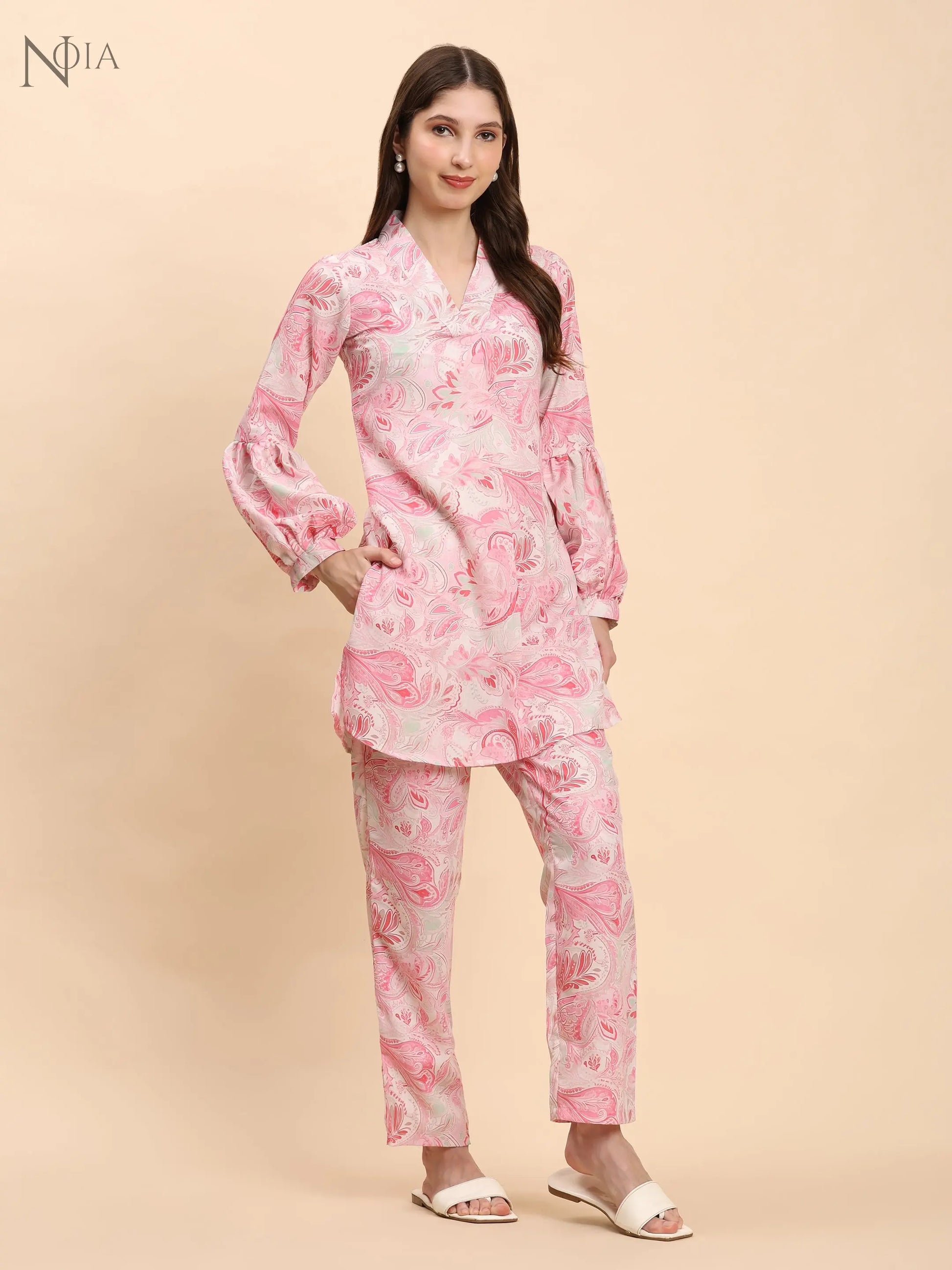 Noia Pink & White Paisley V Necked Top with Trousers Noia